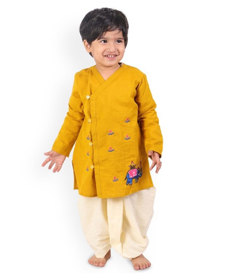 Little Ginnie Cotton Full Sleeves Floral & Elephant Embroidered Kurta & Dhoti Set - Mustard-image-13