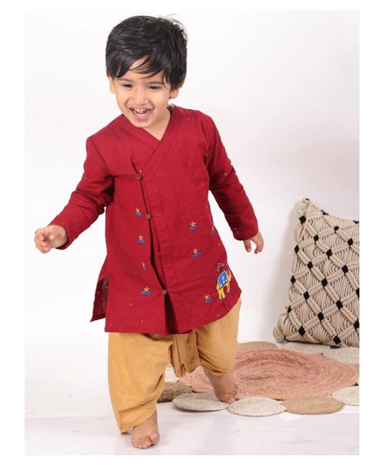 Little Ginnie Cotton Full Sleeves Floral & Elephant Embroidered Kurta & Dhoti Set - Maroon-image-25