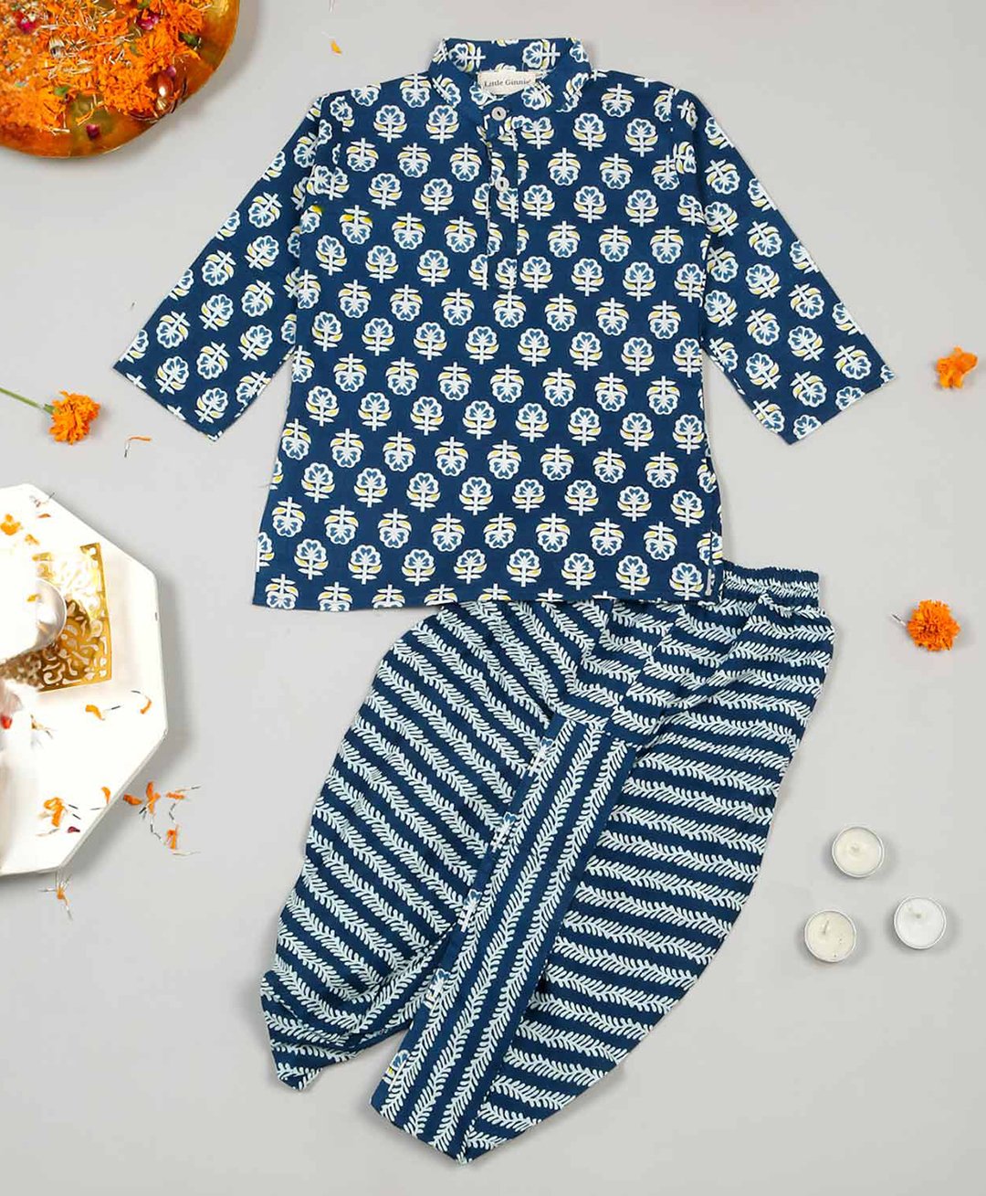 Little Ginnie Cotton Full Sleeves Floral Printed Kurta & Dhoti Set - Blue-picture-16