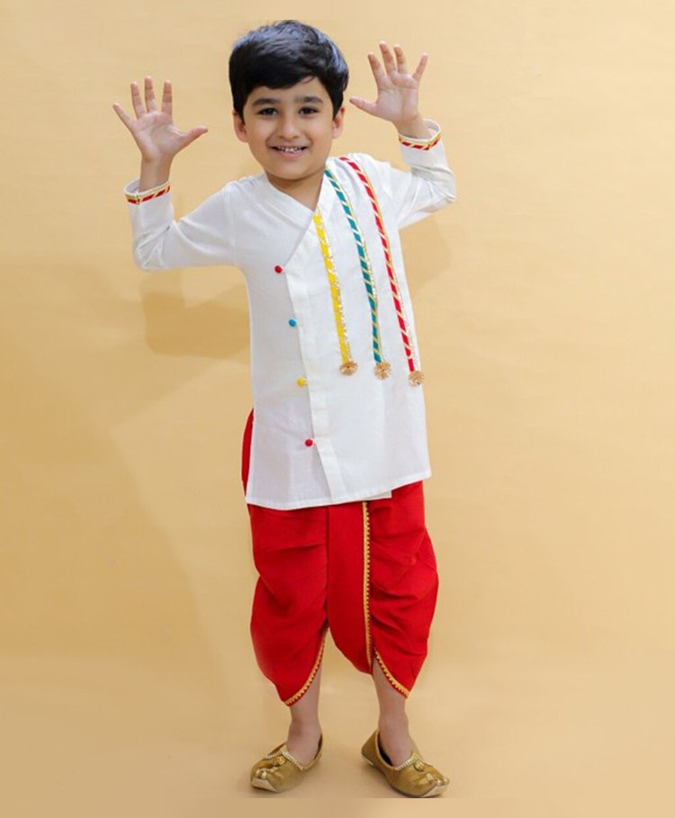 Little Ginnie Cotton Full Sleeves Lace Embellished Kurta & Dhoti Set - White Red-picture-31
