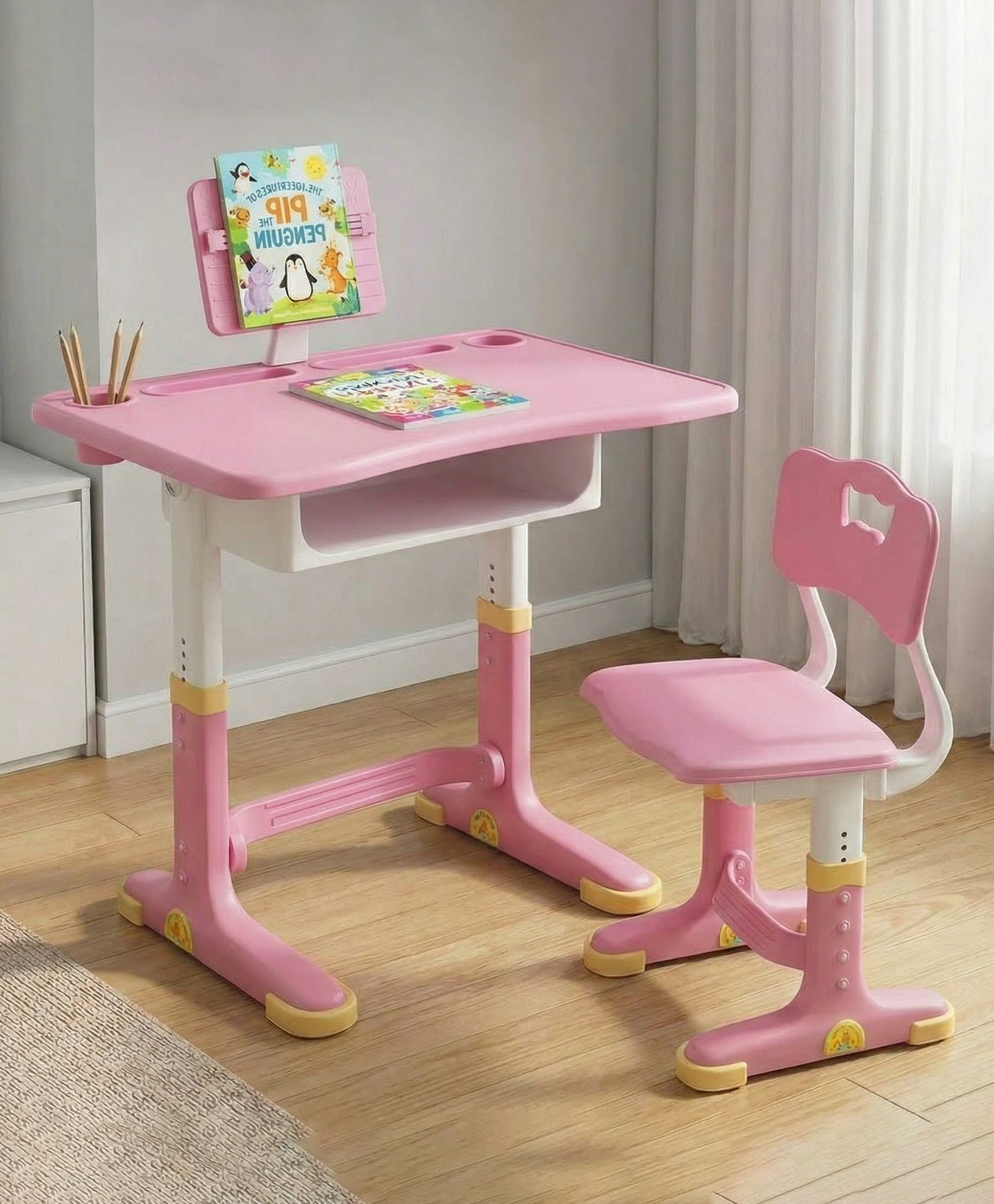 StarAndDaisy Engineered Wood Kids Functional Desk&Chair Set,Height Adjustable Children School Study Table With Bookholder Slot,Led Lamp,Storage For Boys Girls Sturdy 2Years-12 Years Doodle Board,Pink-picture-28