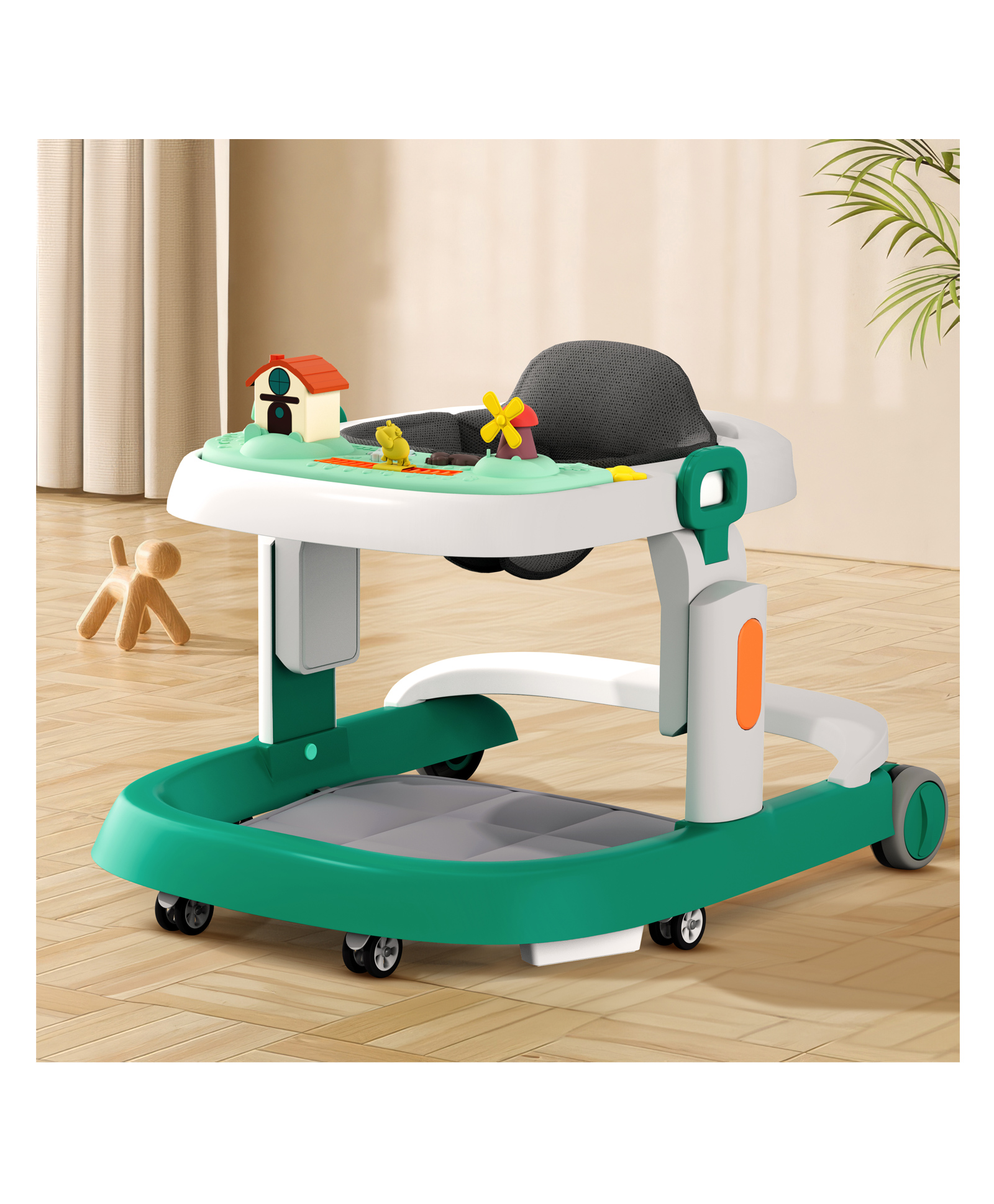 StarAndDaisy Elegant Baby Walker Girl Boy with Anti Fall Brake Pads 3 Speed Height Adjustment Multi-Level Seat Adjustment Recreational Music Toy Bar Easy To Store in Narrow Space - Quirky Green-image-41