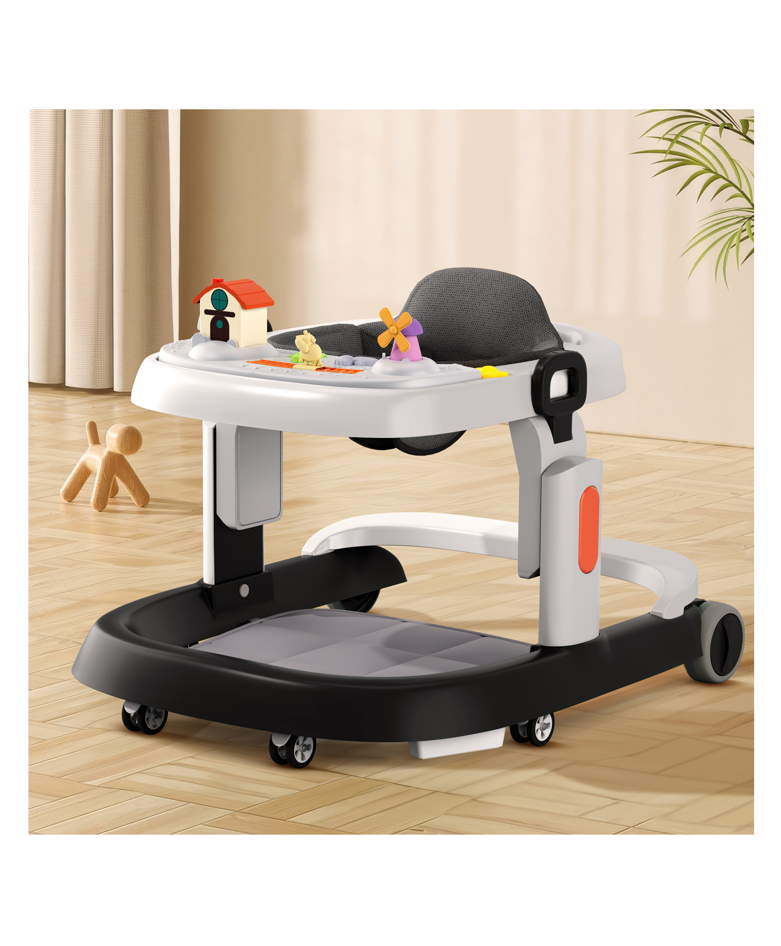 StarAndDaisy Baby Walker Walker Baby 6-18months Boy & Girl with Anti Fall Brake Pads Walker for Kids with 3 Speed Height Adjustment Multi-Level Seat Adjustment, Recreational Music Toy Bar Easy to Store Elegant Walker - White Black-image-5