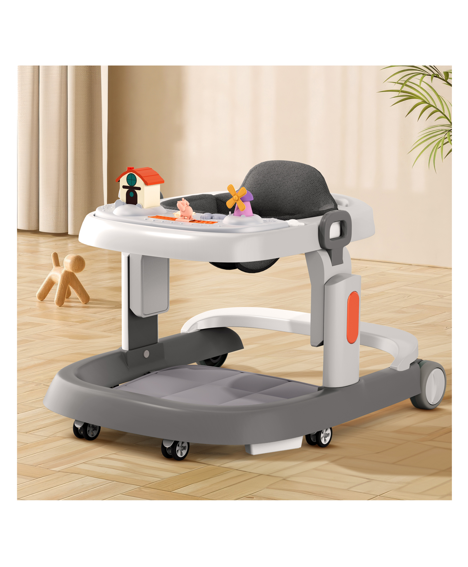 StarAndDaisy Elegant Baby Walker for Girl Boy with Anti Fall Brake Pads 3 Speed Height Adjustment Multi-Level Seat Adjustment Recreational Music Toy Bar Easy To Store in Narrow Space- Grey-image-39