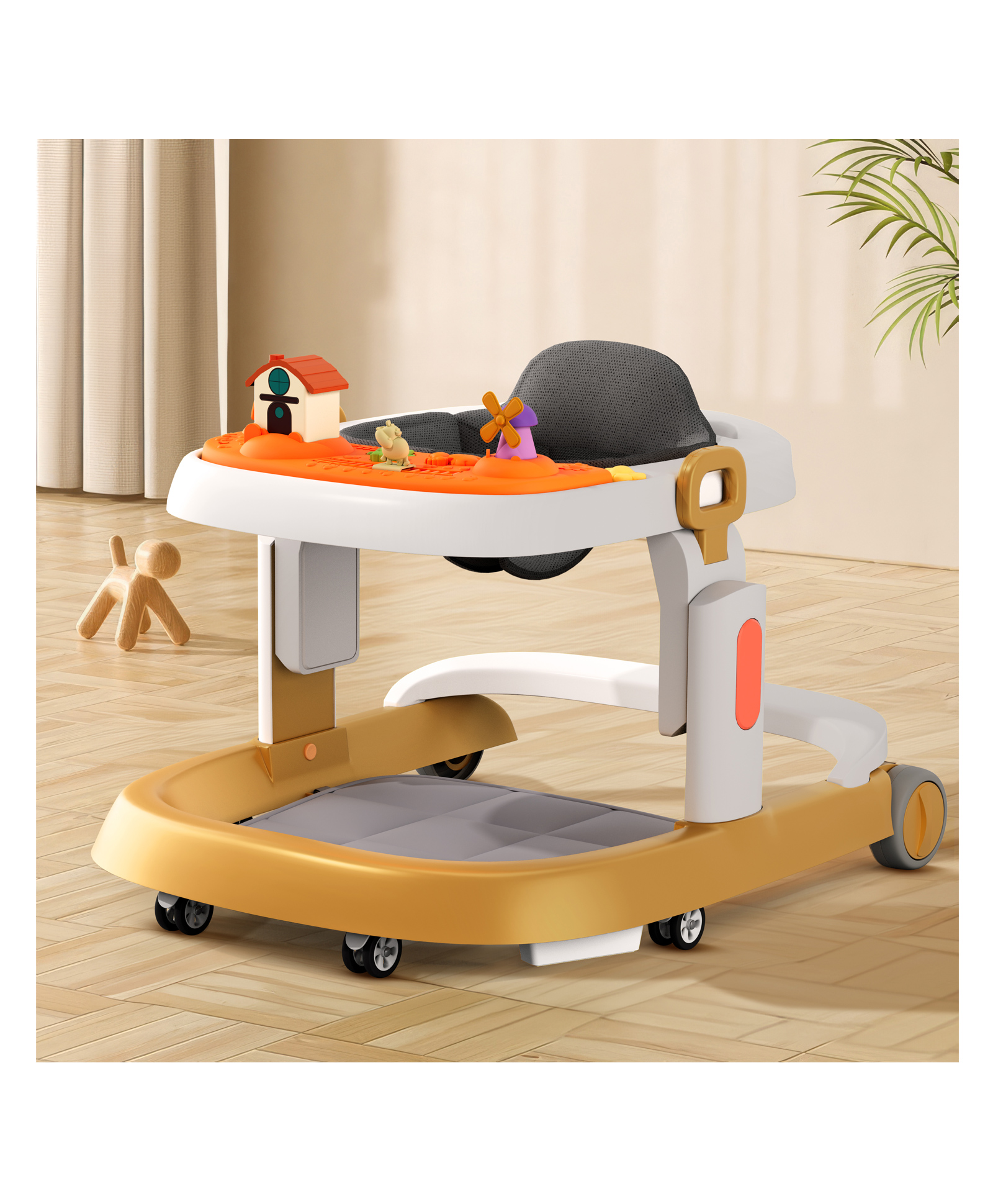 StarAndDaisy Elegant Baby Walker for Girl Boy with Anti Fall Brake Pads 3 Speed Height Adjustment Multi-Level Seat Adjustment Recreational Music Toy Bar Easy To Store in Narrow Space- Golden-image-34