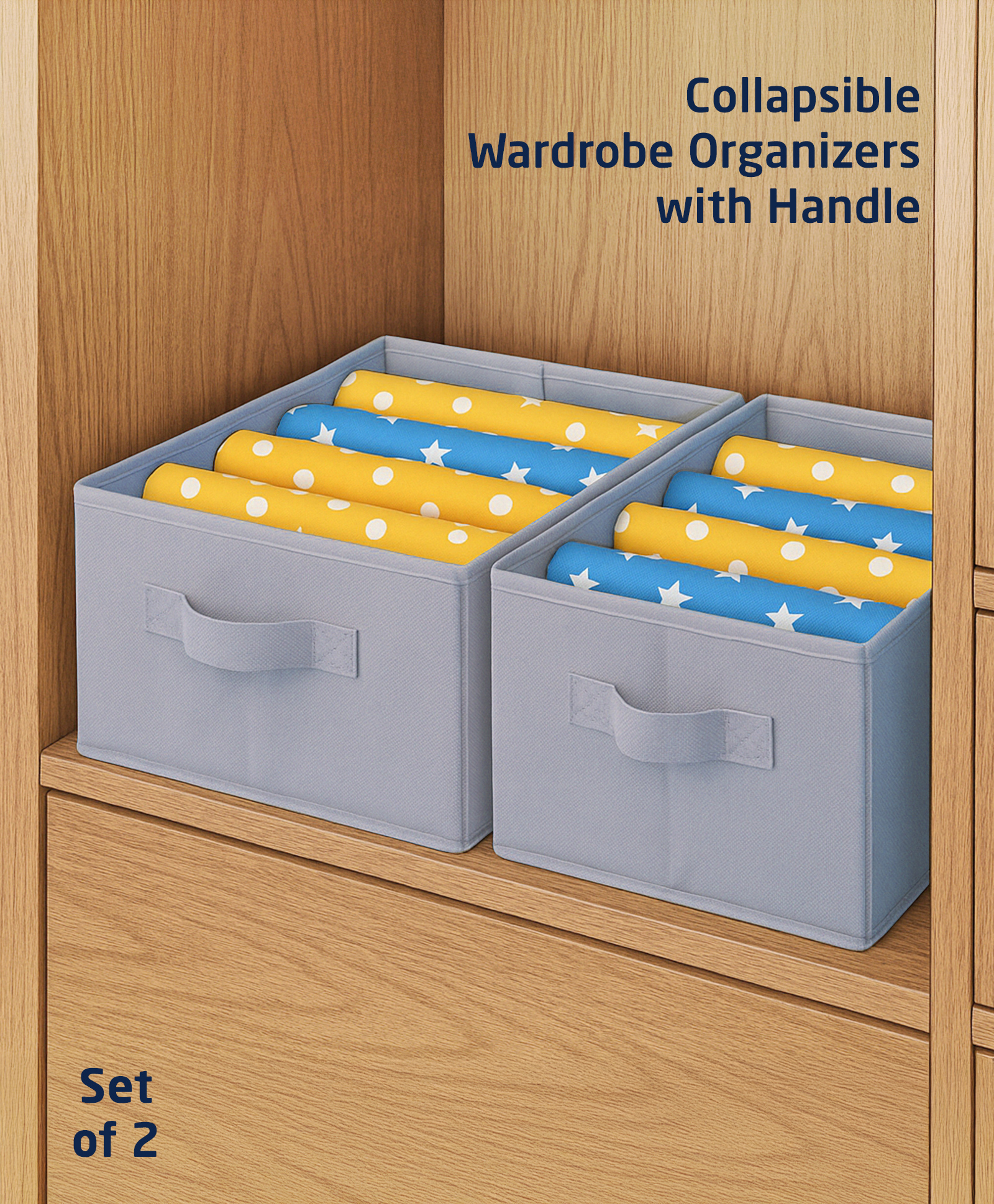 Zoe Wardrobe Organizer for Folded Clothes with Handle | Versatile Storage| Lightweight Portable| Durable| For Girls & Boys| Cloths Toys and Books Organizer| Collapsible Design Pack of 2 - Grey