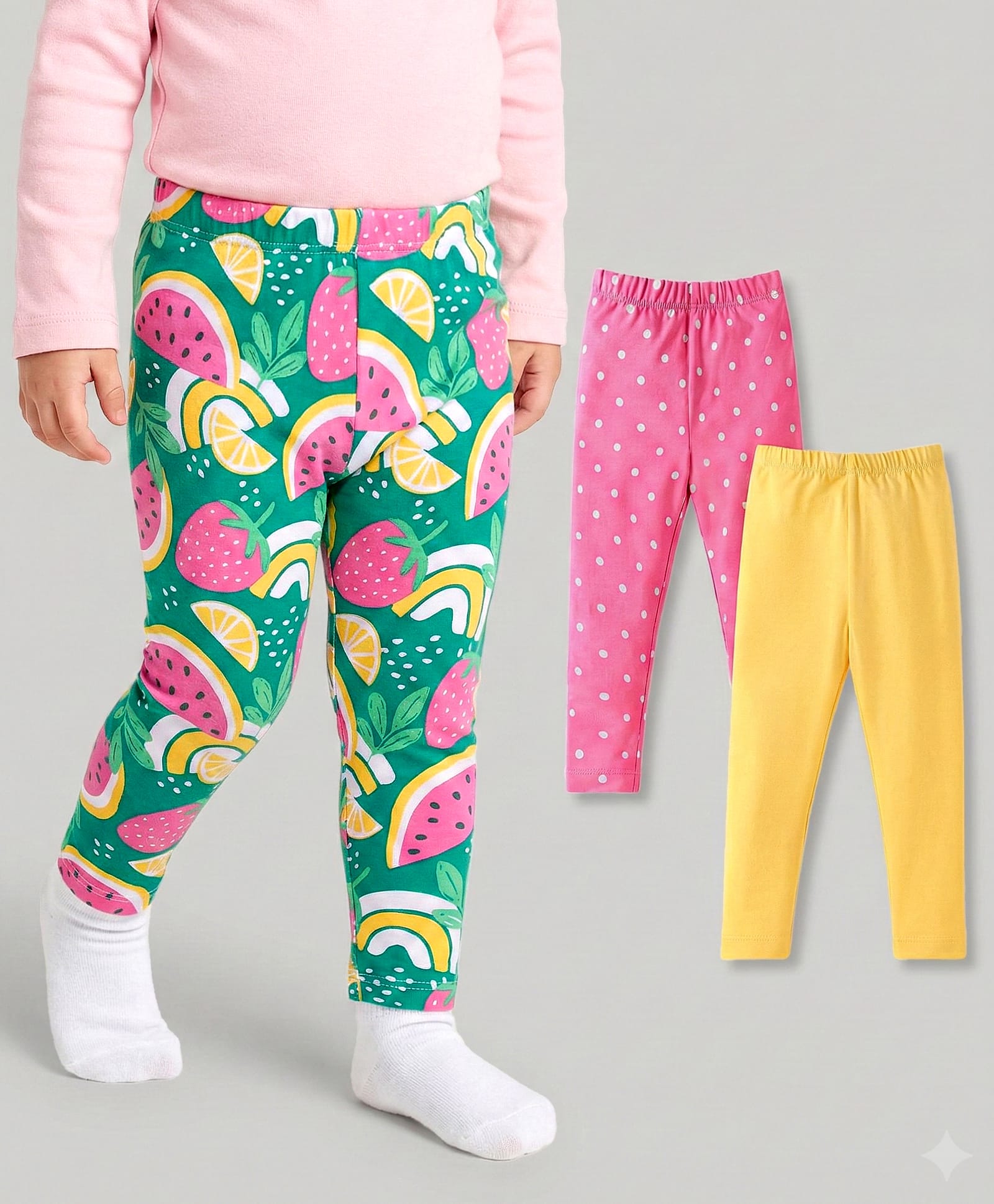 Babyhug Cotton Lycra Knit Full Length Leggings with Polka Dots & Fruits Print Pack of 3 - Pink Mustard & Green