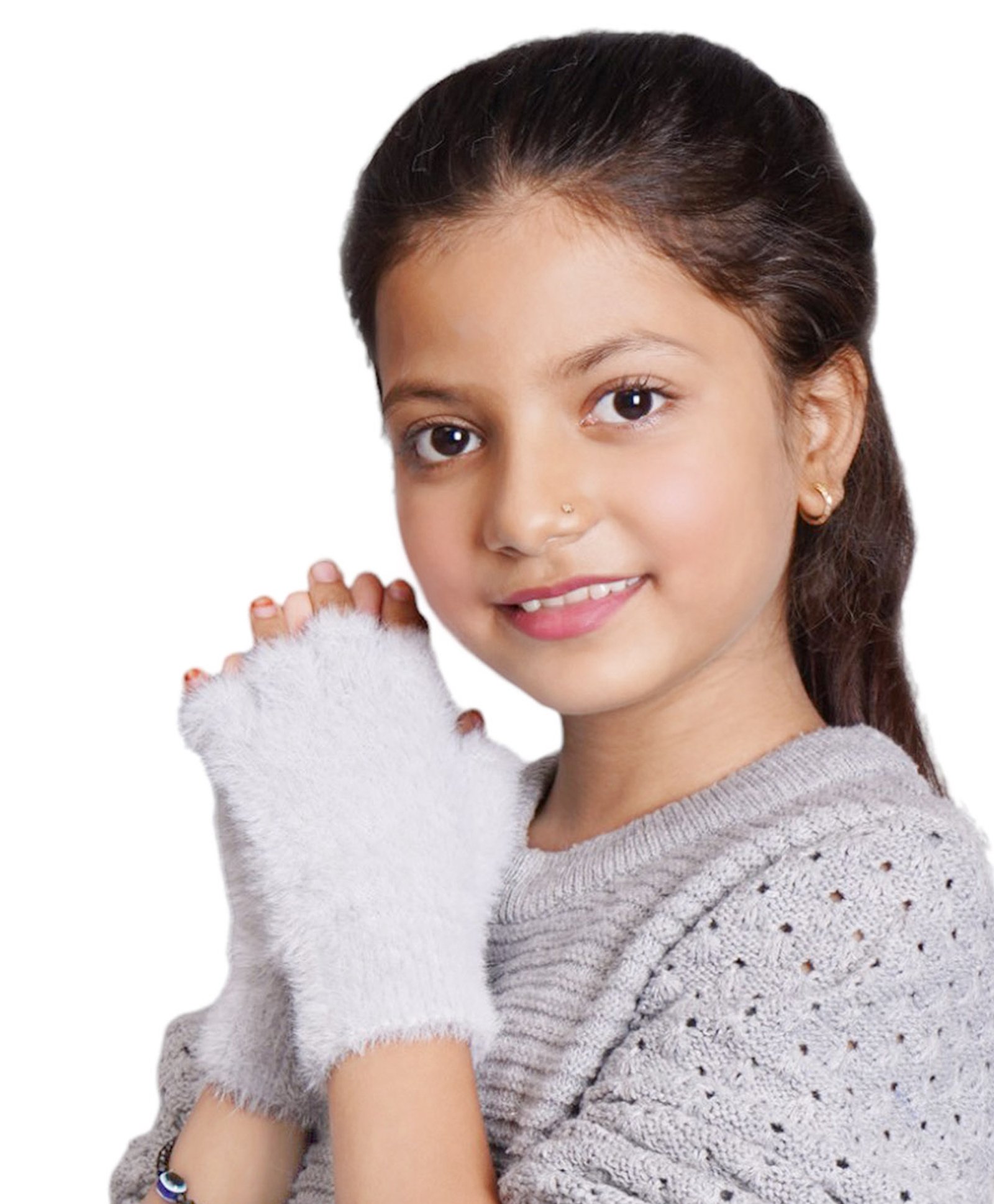 BHARATASYA Woollen Blend Fur Detailed Half Finger Gloves - Grey