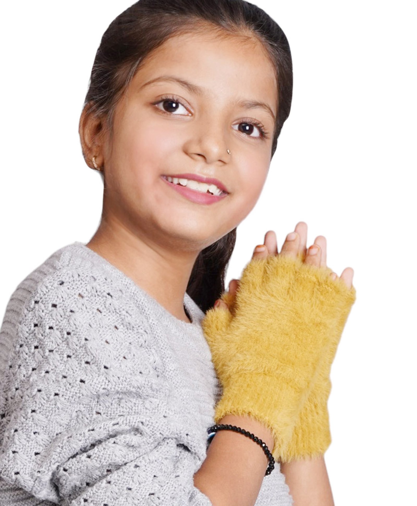 BHARATASYA Woollen Blend Fur Detailed Half Finger Gloves - Yellow