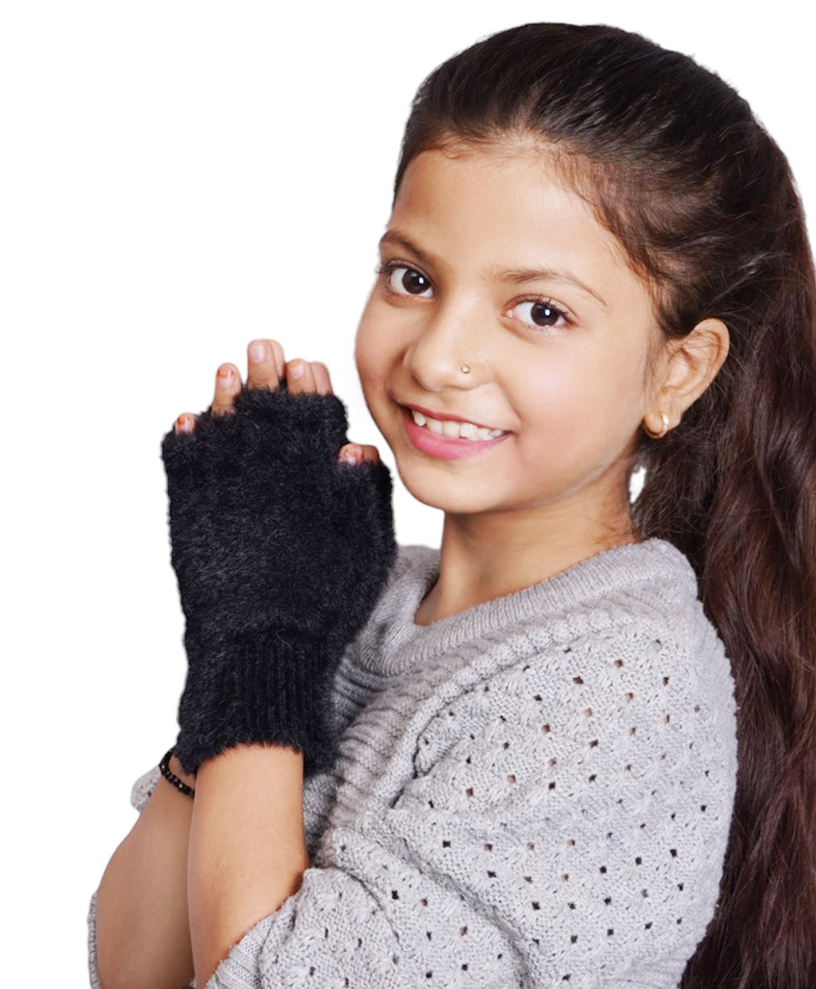BHARATASYA Woollen Blend Fur Detailed Half Finger Gloves - Black-image-2