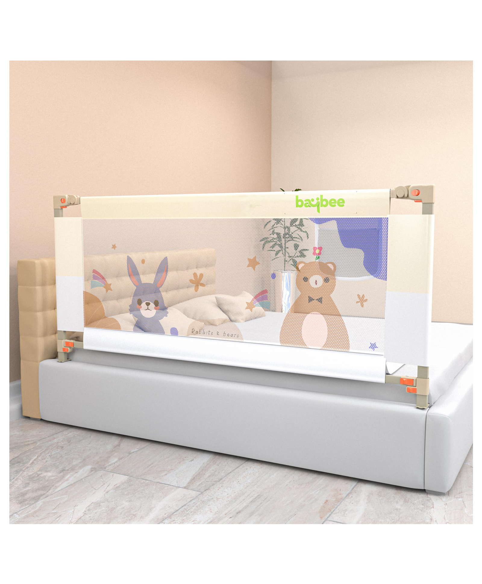 BAYBEE Baby Bed Rail Guard for Baby Safety with 28 Height Adjustable, Portable Bed Side Protector for Baby Falling | Foldable Single Side Bed Railing for Baby Toddler Kids (White/Beige, 150x80cm)-image-2