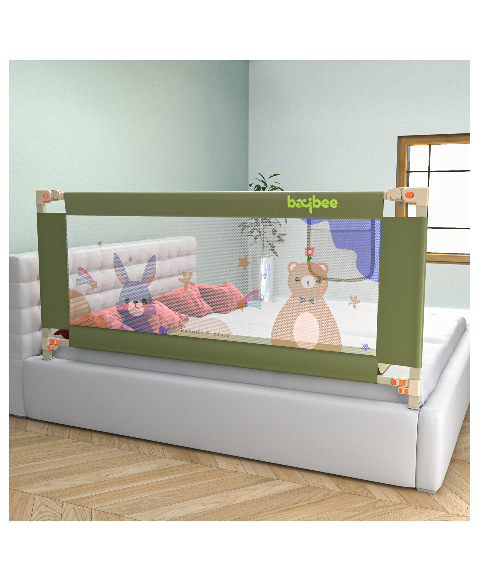 BAYBEE Baby Bed Rail Guard for Baby Toddlers Safety, Portable Kids Bed Rail Safeguard Fence with 28 Adjustable Height | Foldable Single Side Bed Protector for Newborn Baby (Dark Green, 180x80cm)