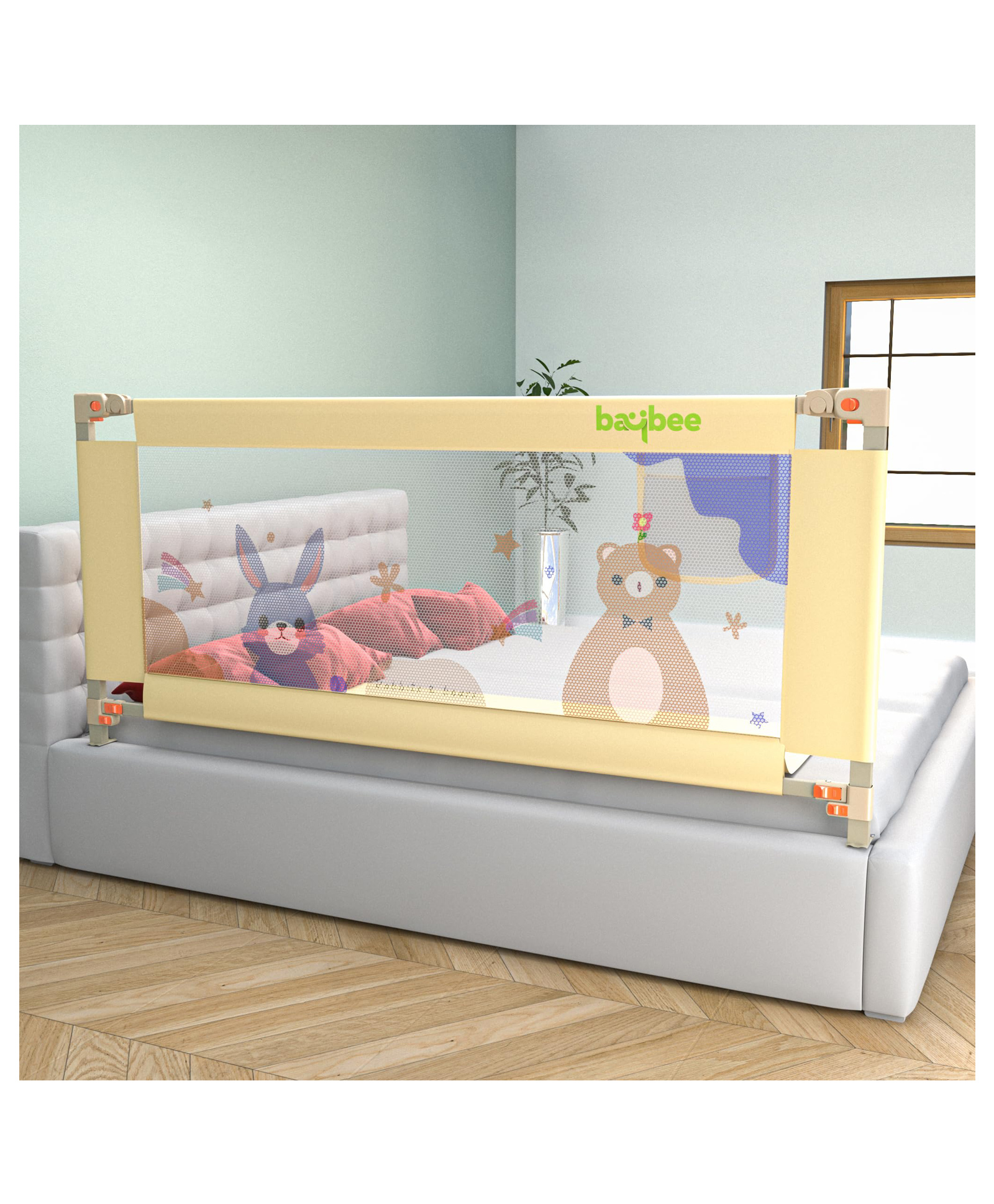baybee baby bed rail guard for baby toddlers safety, portable kids bed rail safeguard fence with adjustable height | foldable single side bed protector for newborn baby (beige, 180x80cm)