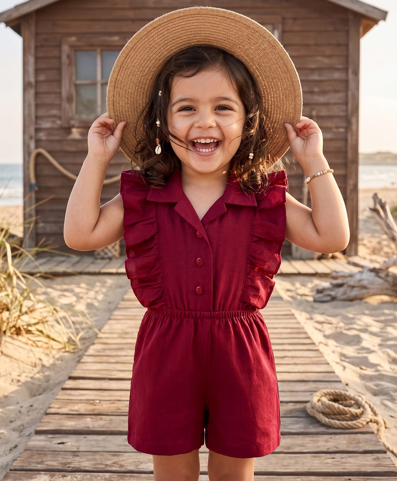 Babyhug Cotton Woven Frill Sleeves Solid Jumpsuit - Maroon-picture-20