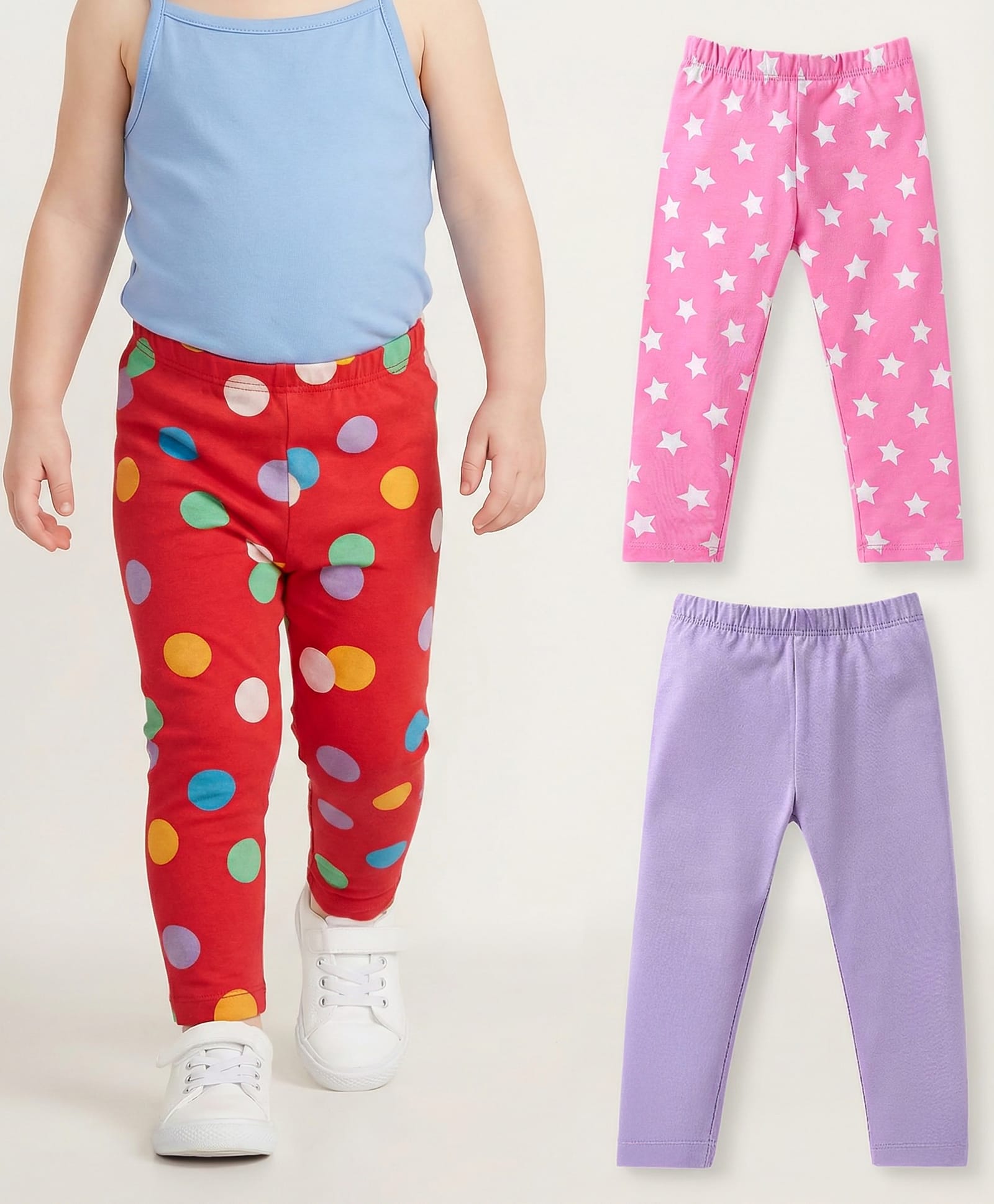 Babyhug Cotton Lycra Knit Full Length Leggings with Polka Dots & Star Print Pack of 3 - Pink Red & Lilac-picture-28