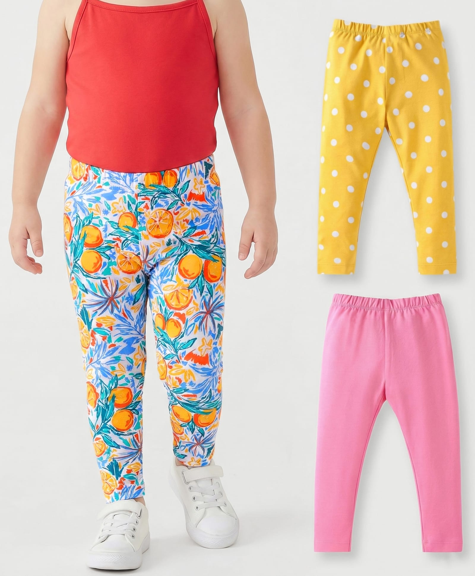 Babyhug Cotton Lycra Knit Full Length Leggings with Polka Dots & Fruits Print Pack of 3 - Mustard Pink & Blue-image-44