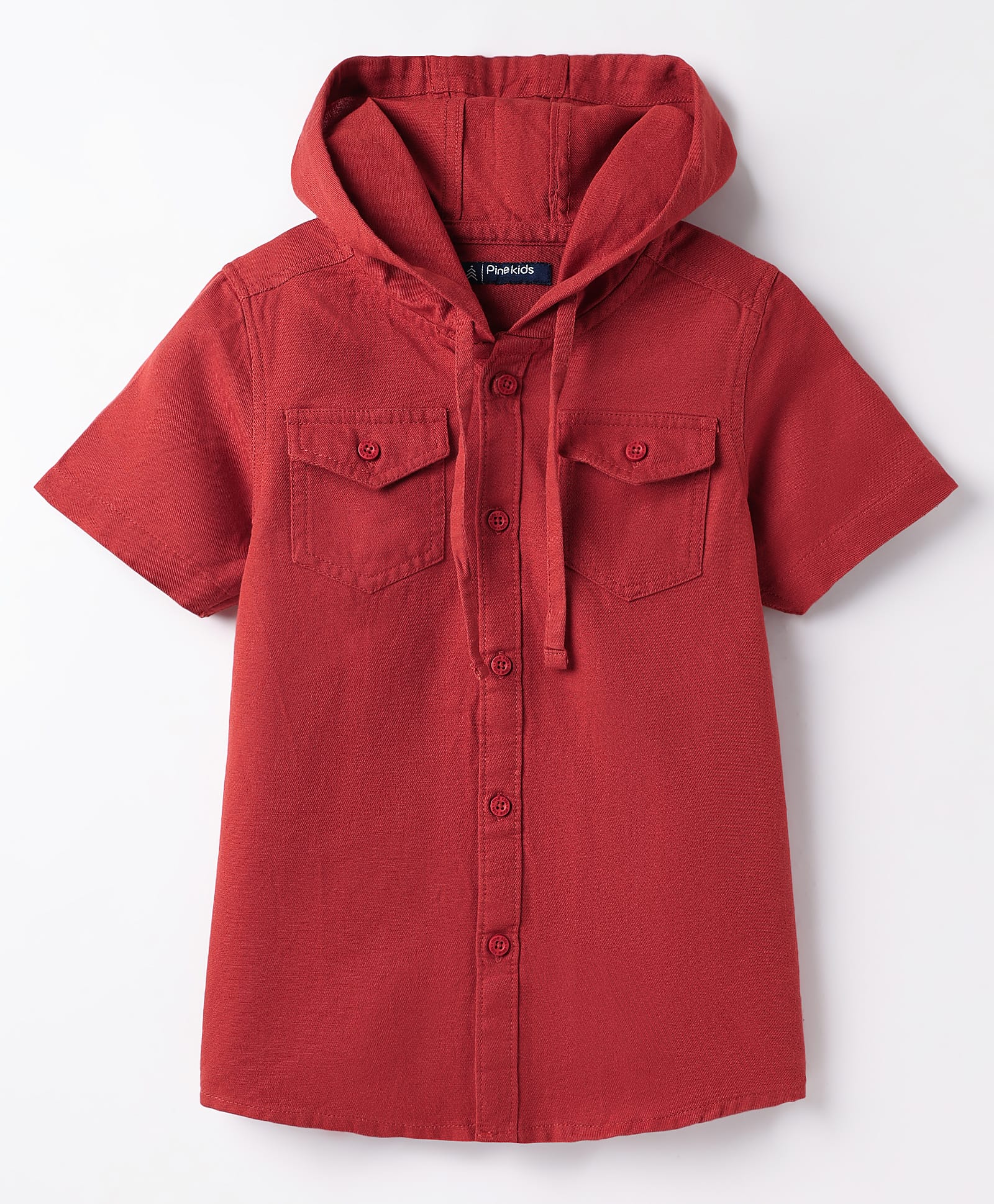 Pine Kids Cotton Woven Half Sleeves Solid Hooded Shirt - Wine-image-25