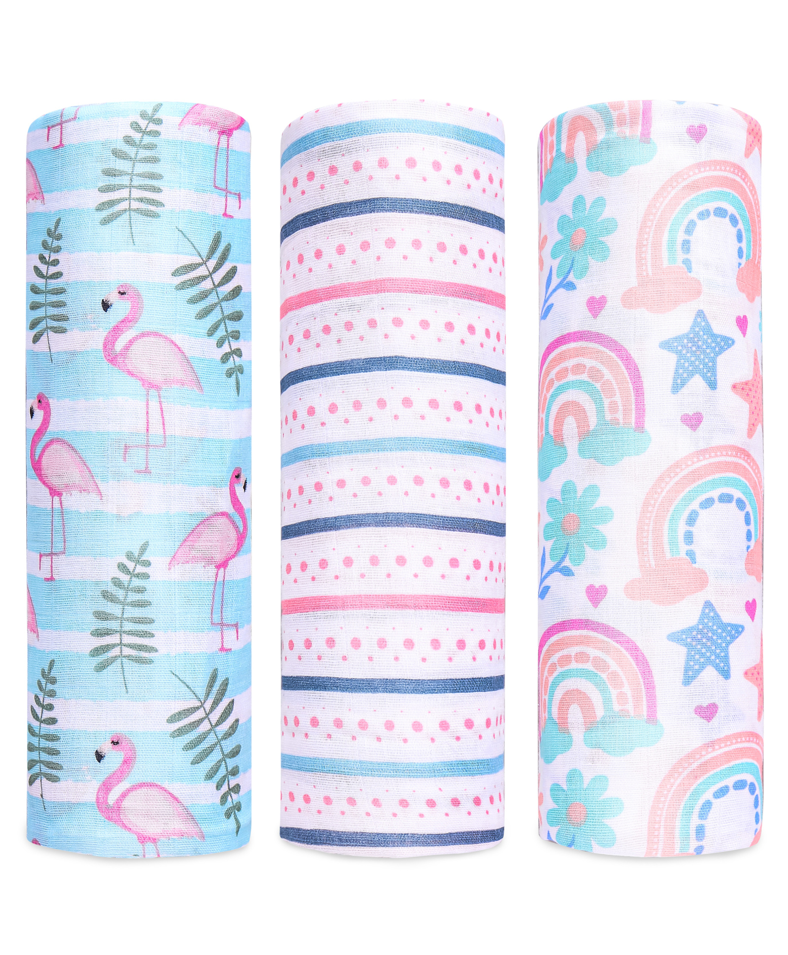 Zoe 100% Cotton Muslin Multipurpose Swaddle Wrap Flamingo Print Pack of 3 - Multicolour-picture-17
