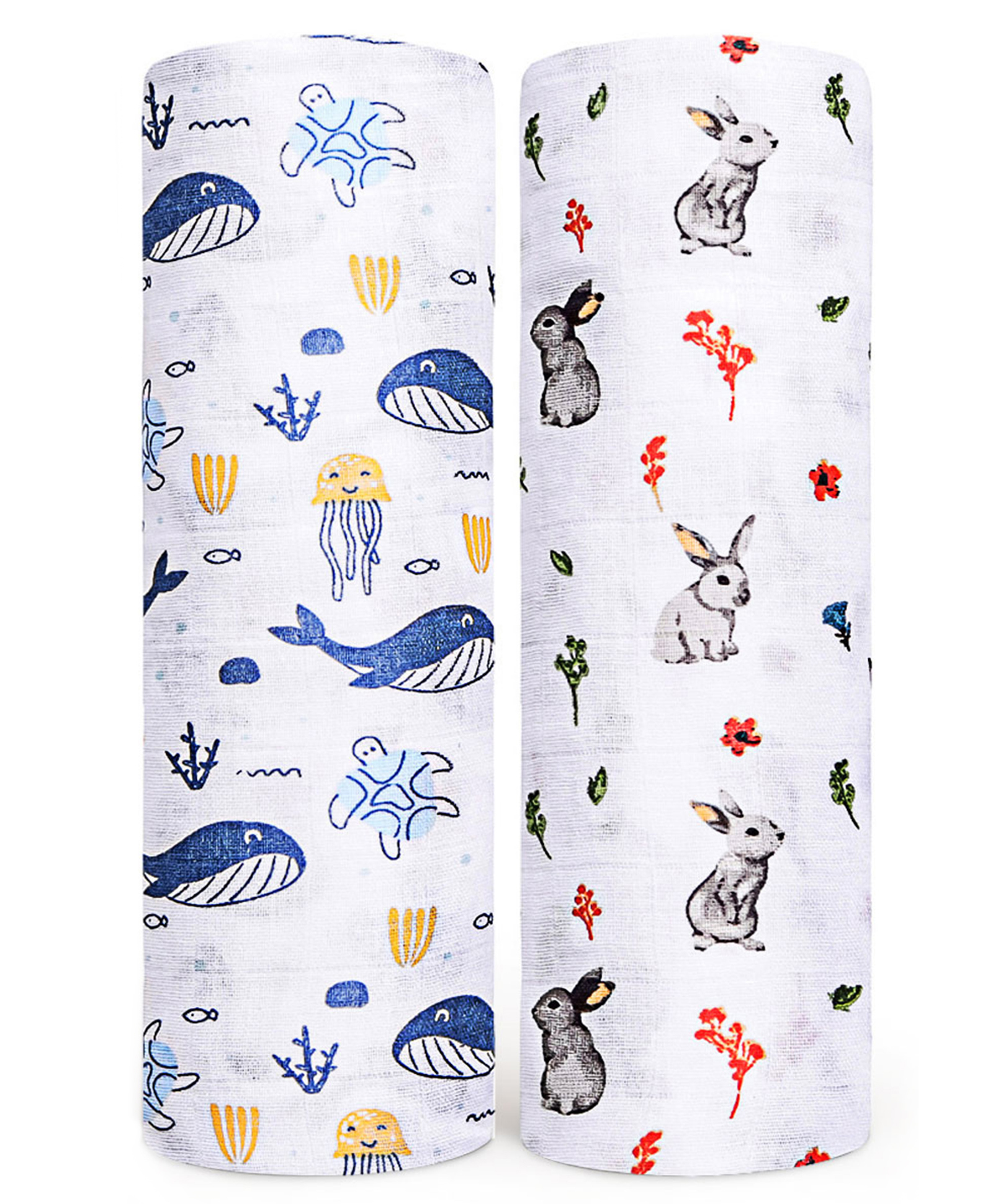 Zoe Organic Cotton Muslin Swaddle Wrap with Dolphin & Rabbit Print Pack of 2 - White-image-48