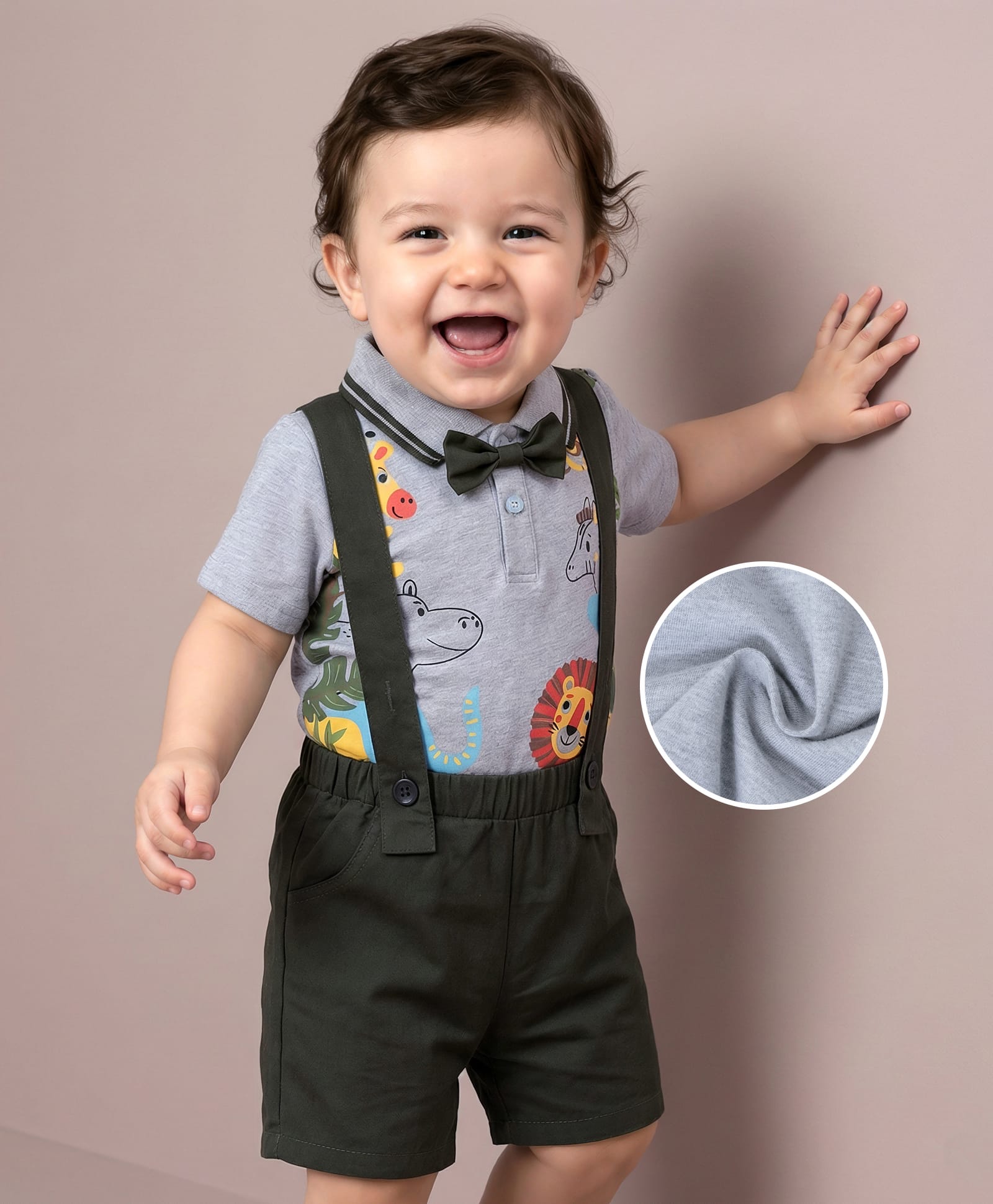 Mark & Mia Cotton Half Sleeves Collared Onesie & Shorts Set with Bow & Jungle Theme Print - Grey-image-24