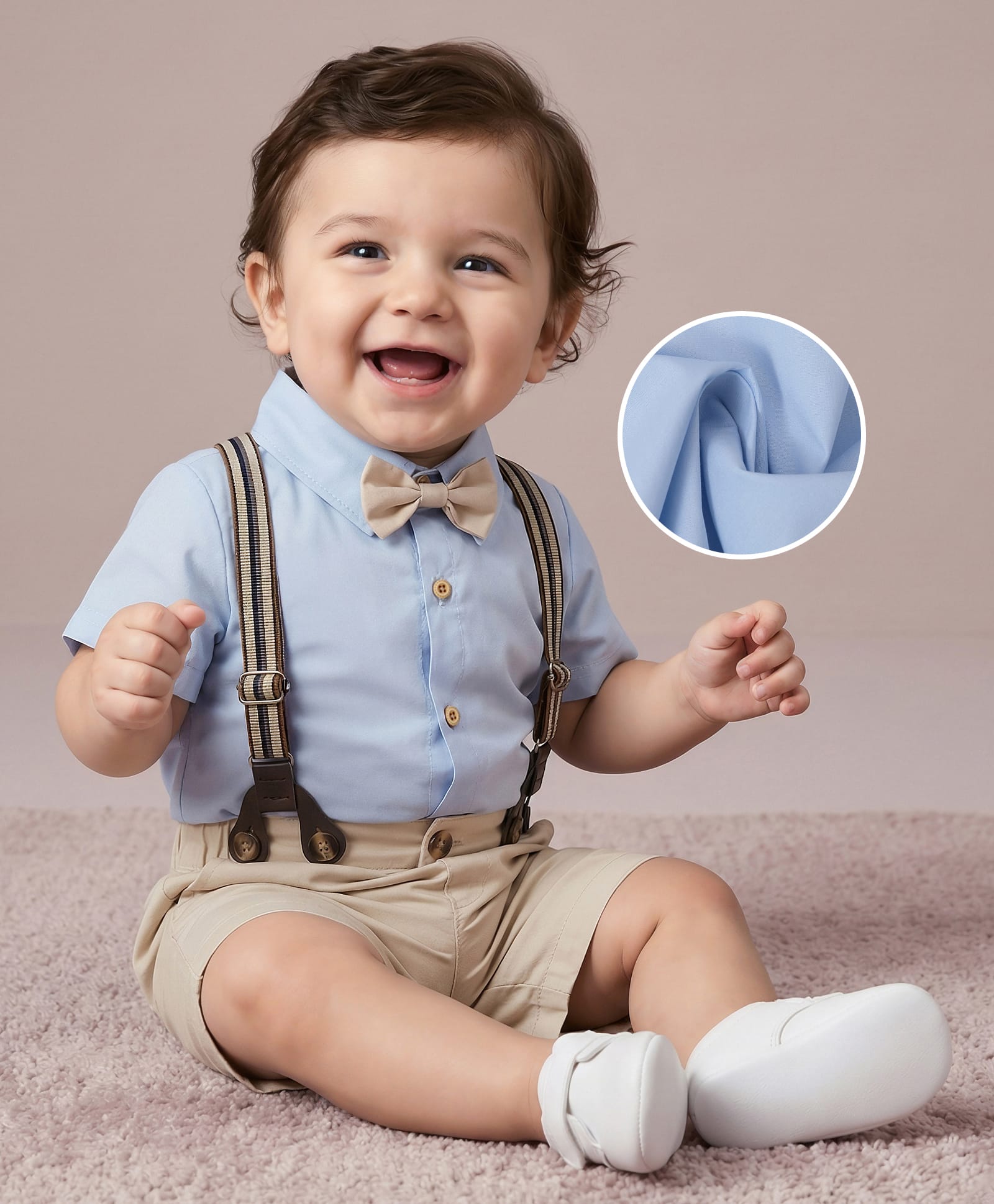 Mark & Mia Half Sleeves Onesie & Shorts Set with Bow & Suspender Solid Color - Light Blue & Beige-image-3