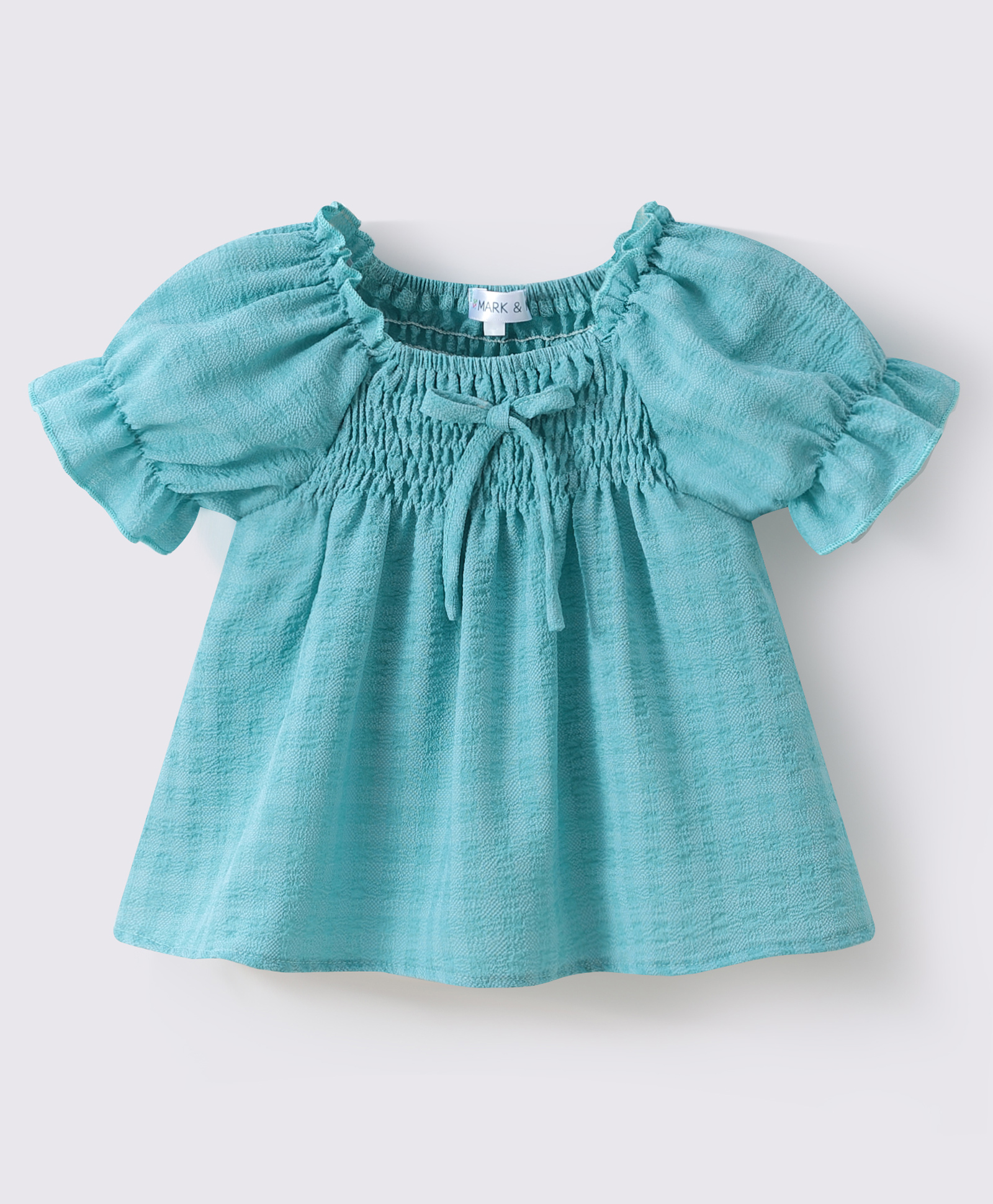 Mark & Mia Half Puffed Sleeves Solid Color Textured Top with Smocking - Turquoise-image-17