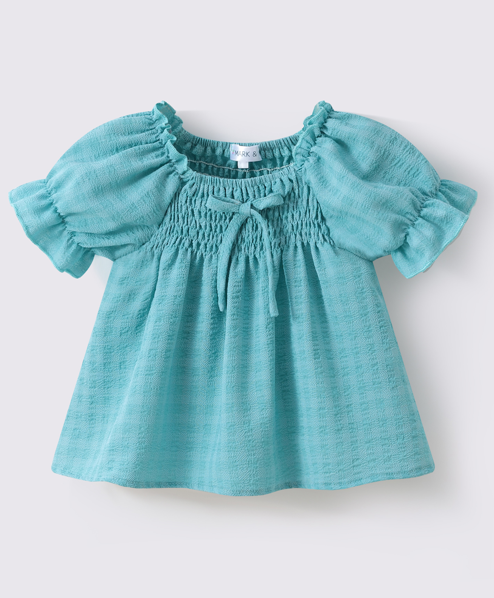 Mark & Mia Half Puffed Sleeves Solid Color Textured Top with Smocking - Turquoise-image-15