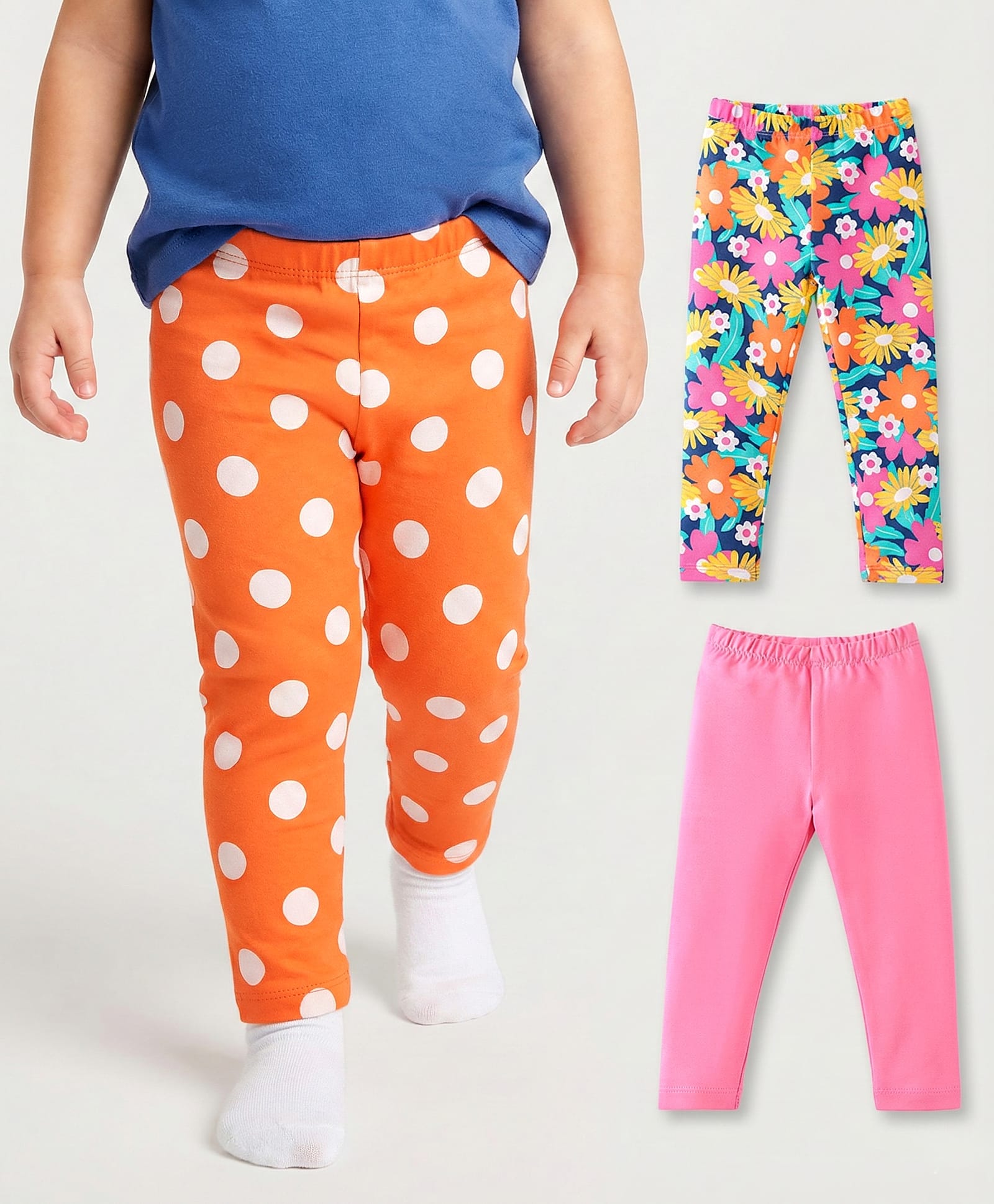 Babyhug Cotton Lycra Knit Full Length Leggings with Polka Dots & Floral Print Pack of 3 - Pink & Orange-picture-23