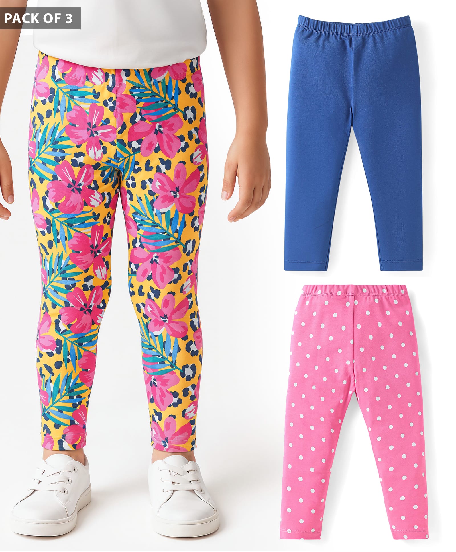 Babyhug Cotton Lycra Knit Full Length Lounge Pant with Polka Dot & Floral Print Pack of 3 - Pink & Blue-picture-22