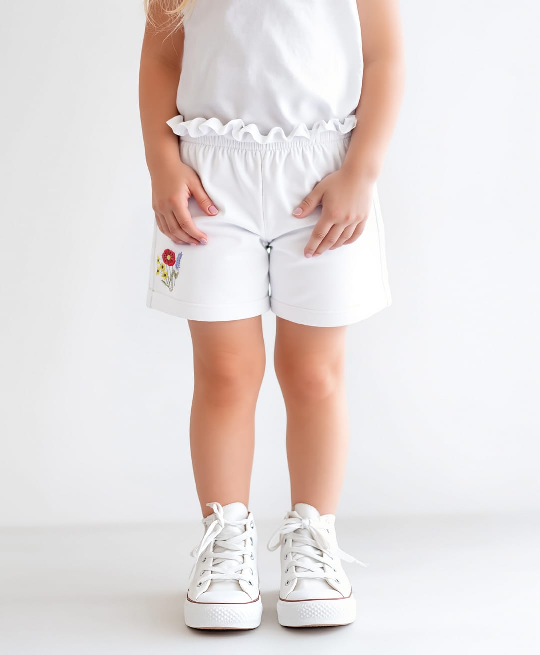 Bonfino Cotton Elastane Knee Length Paper Bag Waist Shorts with Floral Embroidery - White-picture-15