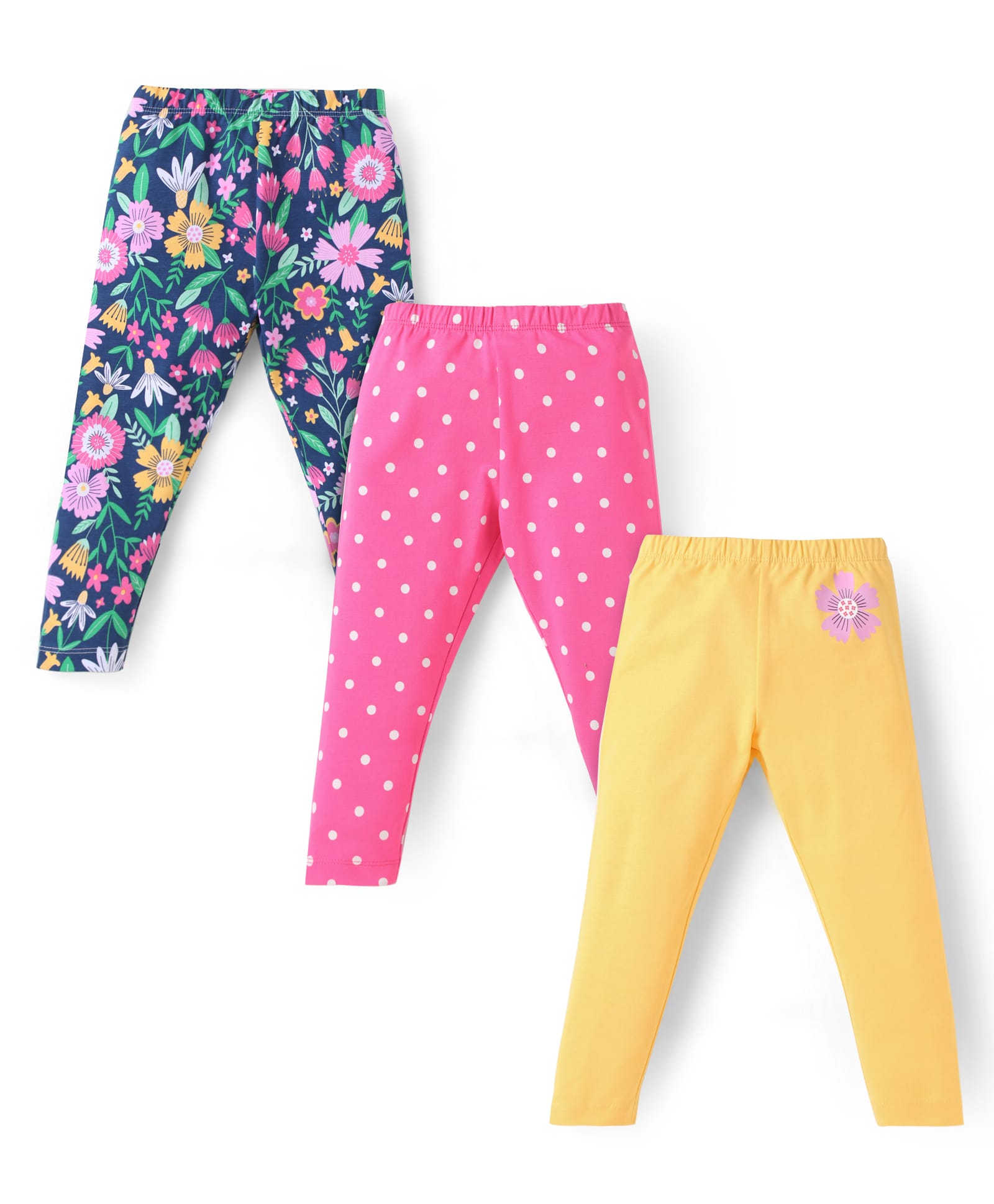 Babyhug Cotton Lycra Knit Full Length Leggings With Polka Dot & Floral Print Pack Of 3 - Blue Pink & Yellow-picture-19