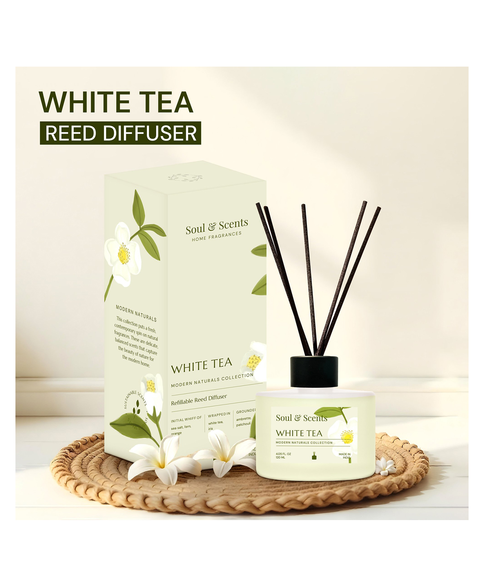 Soul & Scents Reed DiffuserFor White Tea Fragrance- 120 ml, 6 Fiber Reed Sticks-image-43
