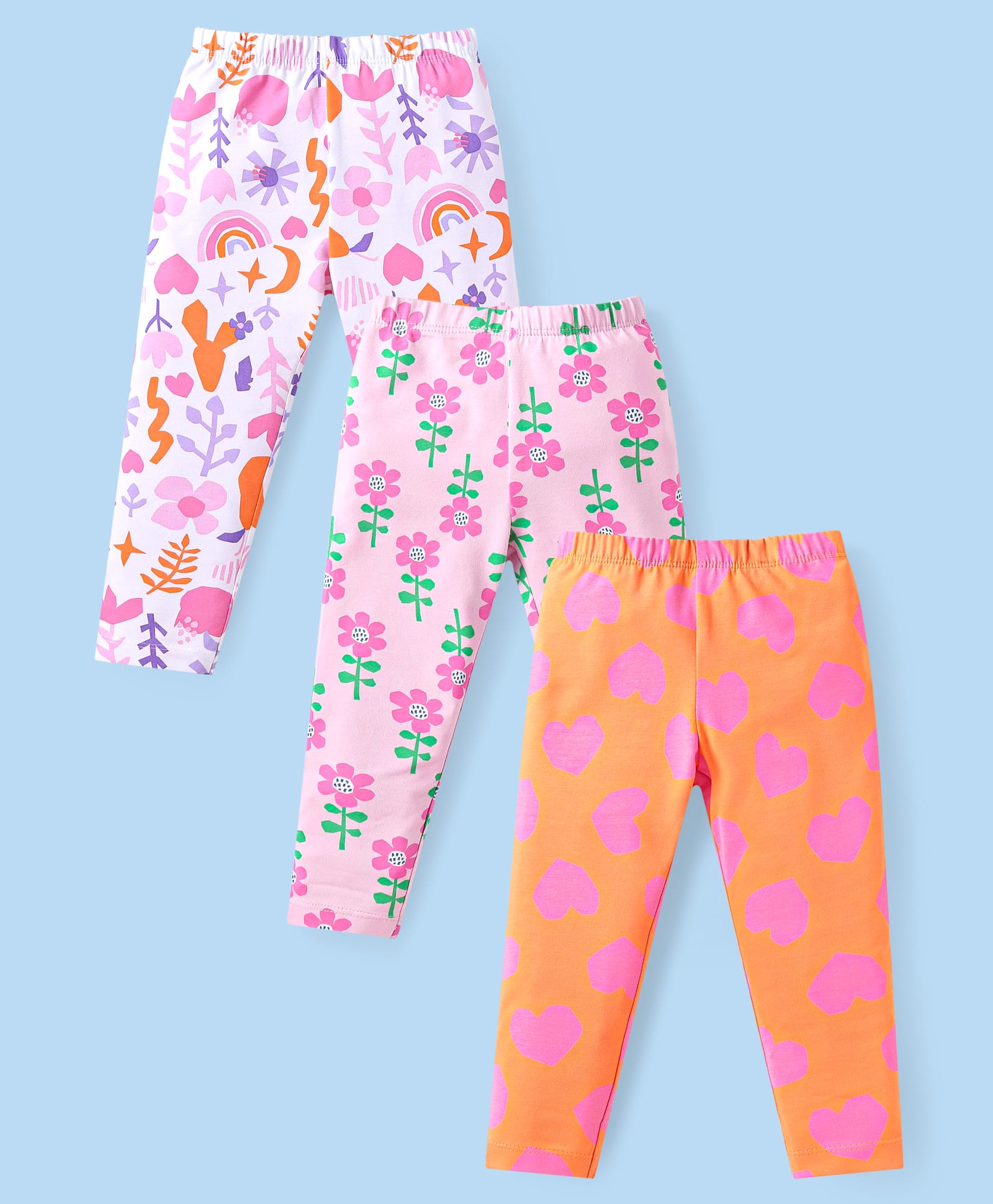 Babyhug Cotton Lycra Knit Full Length Leggings with Floral & Hearts Print Pack of 3 - White Pink & Orange