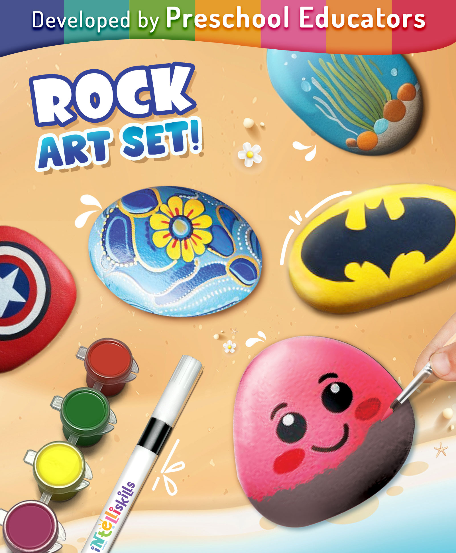 Intelliskills DIY Rockin' Art Set for Kids | Rock Art & Craft | Creative Activity Kit | Boosts Focus & Hand Control | Multicolour Paints Included | For Gifting | BIS Certified | Educator Recommended