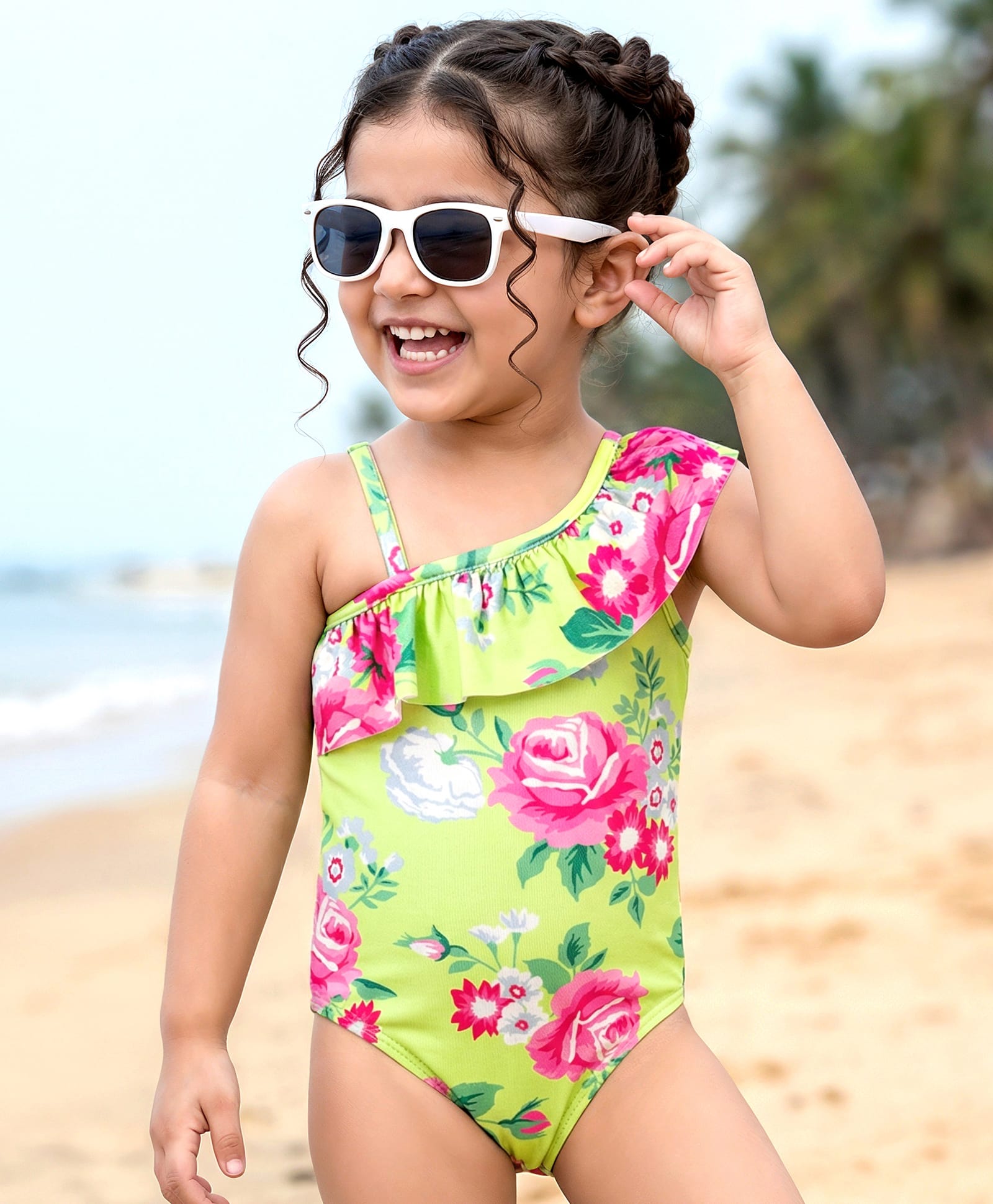 Babyhug Water Repellant Frill Sleeves V Cut Swim Suit With Floral Print - Green-image-34
