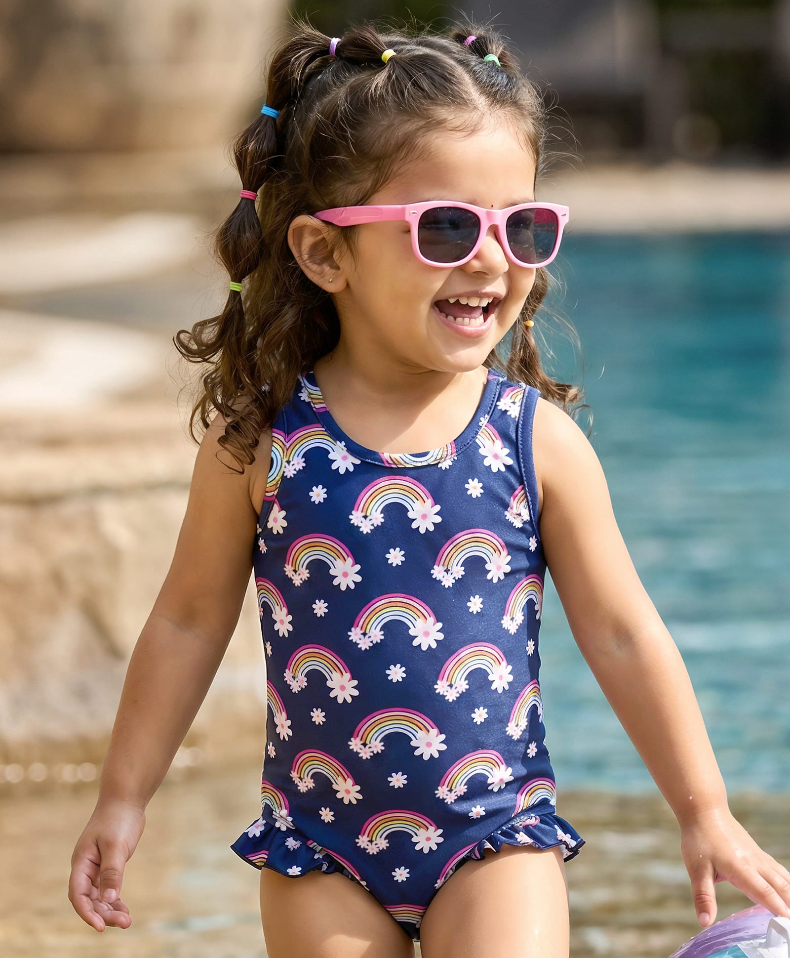 Babyhug Water Repellant Sleeveless V Cut Swim Suit With Rainbow & Floral Print - Navy Blue-image-37