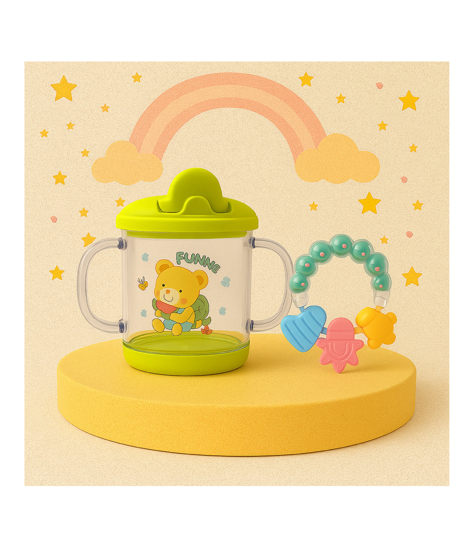 The Cheeky Kidzz Baby Feeding Spout Sipper Bottle 200ml Liquids Juice Milk Feeder With Ring Musical Rattle Teether BPA Free (YELLOW)-image-18