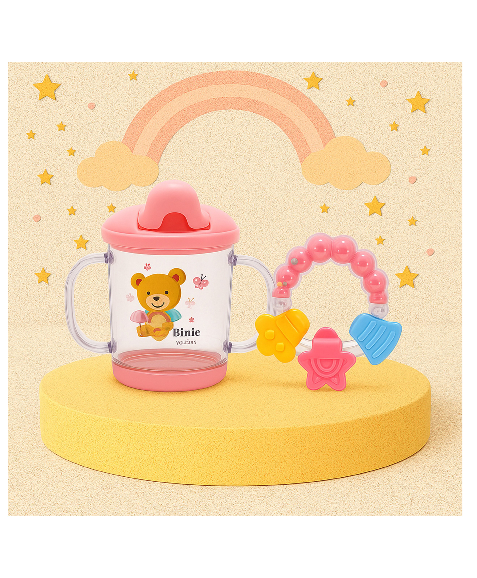 The Cheeky Kidzz Baby Feeding Spout Sipper Bottle 200ml Liquids Juice Milk Feeder With Ring Musical Rattle Teether BPA Free (PINK)-image-26