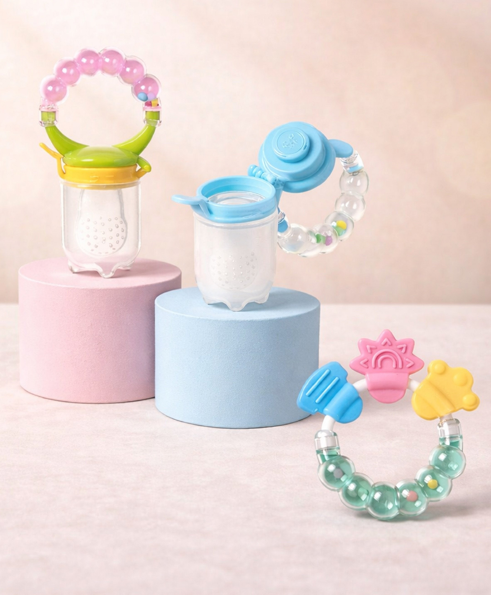 The Cheeky Kidzz Baby 2 Soft Silicone Fruit Vegetable Food Feeder Rattle Soother Nibblers With Ring Shape Rattle Teething Toy BPA Free (MULTI)-image-36