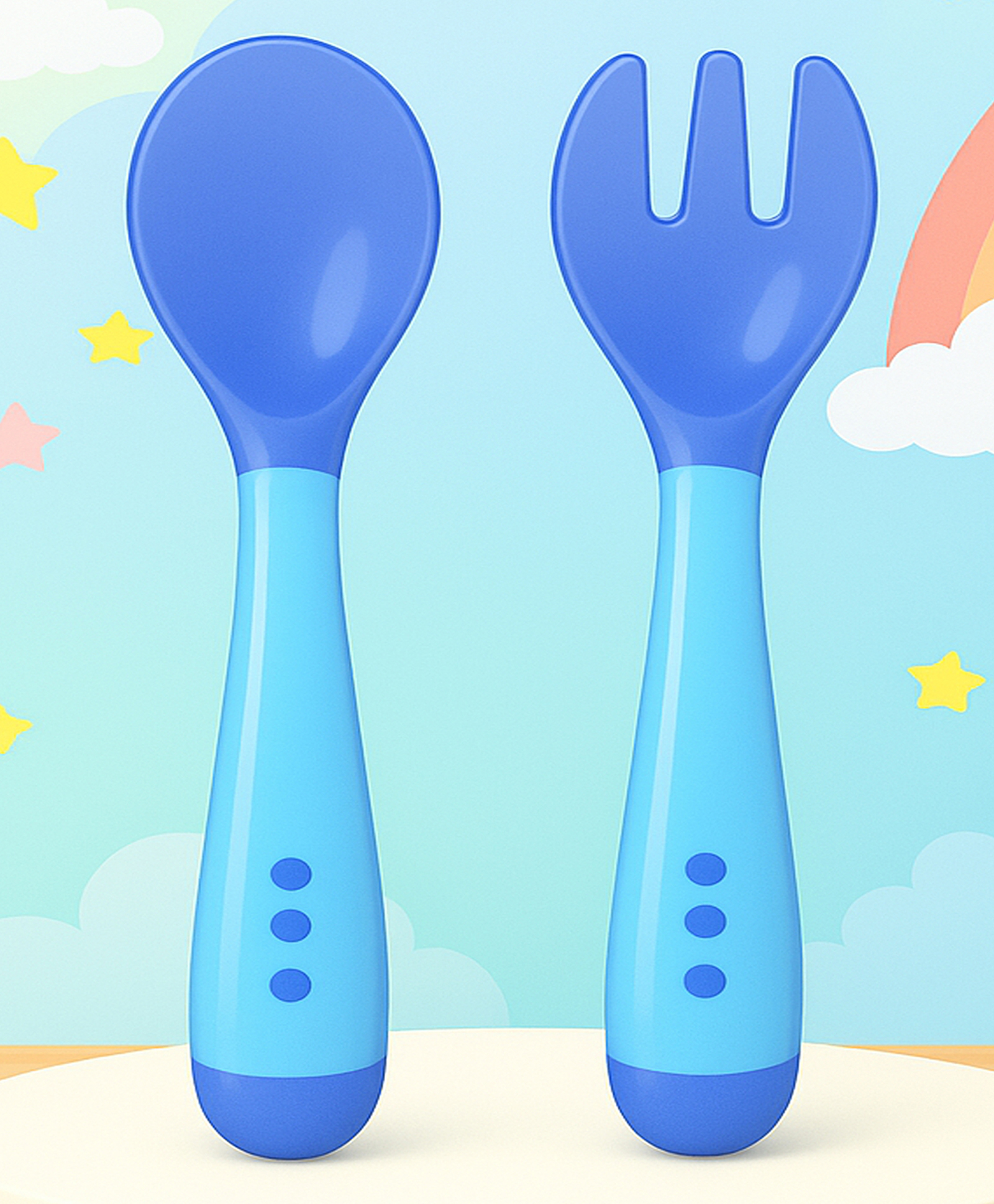 The Cheeky Kidzz Baby Pack of 2 Soft Silicone Feeding Spoon Fork Heat-Resistant Cutlery Spoon Set Safety Self Feeding Learning BPA Free for Babies/New Borns(BLUE)-picture-11