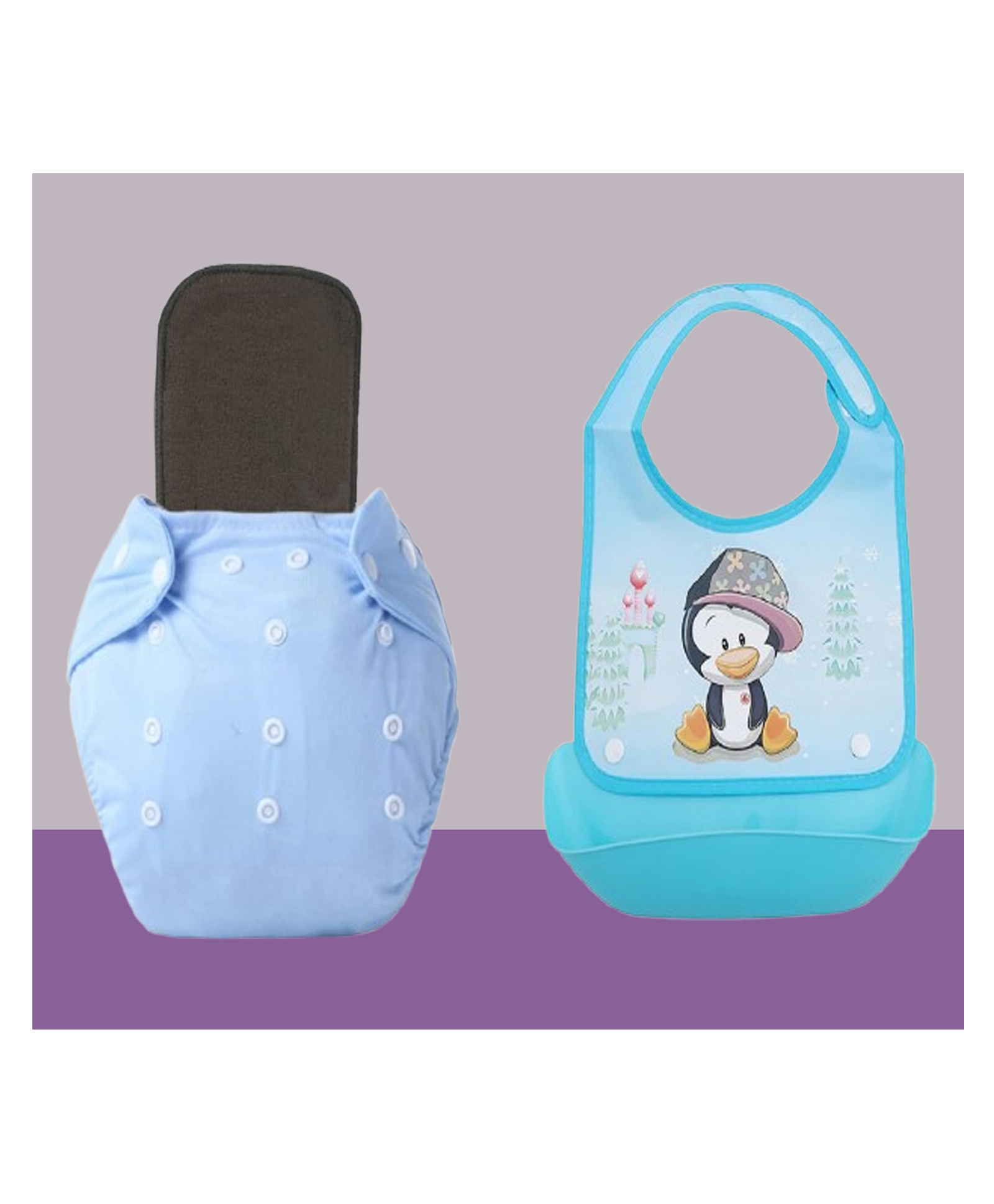 The Cheeky Kidzz Baby 1 Reusable Pocket Style Cotton Cloth Diaper With 1 Microfiber Insert Pad And 1 Silicone Bib (0-24 Months) (Blue & Black)-image-47