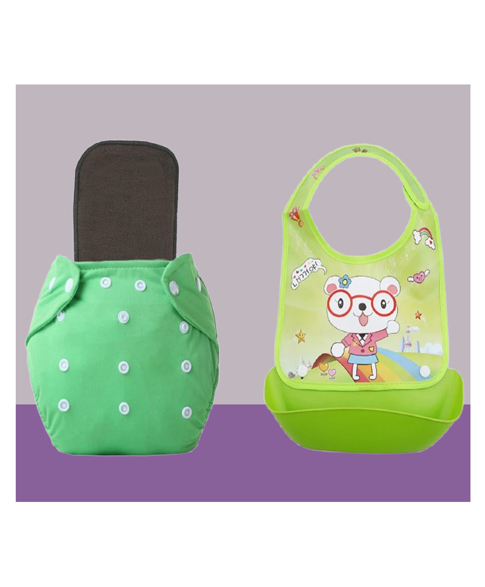 The Cheeky Kidzz Baby 1 Reusable Pocket Style Cotton Cloth Diaper With 1 Microfiber Insert Pad And 1 Silicone Bib (0-24 Months) (Green & Black)-image-46