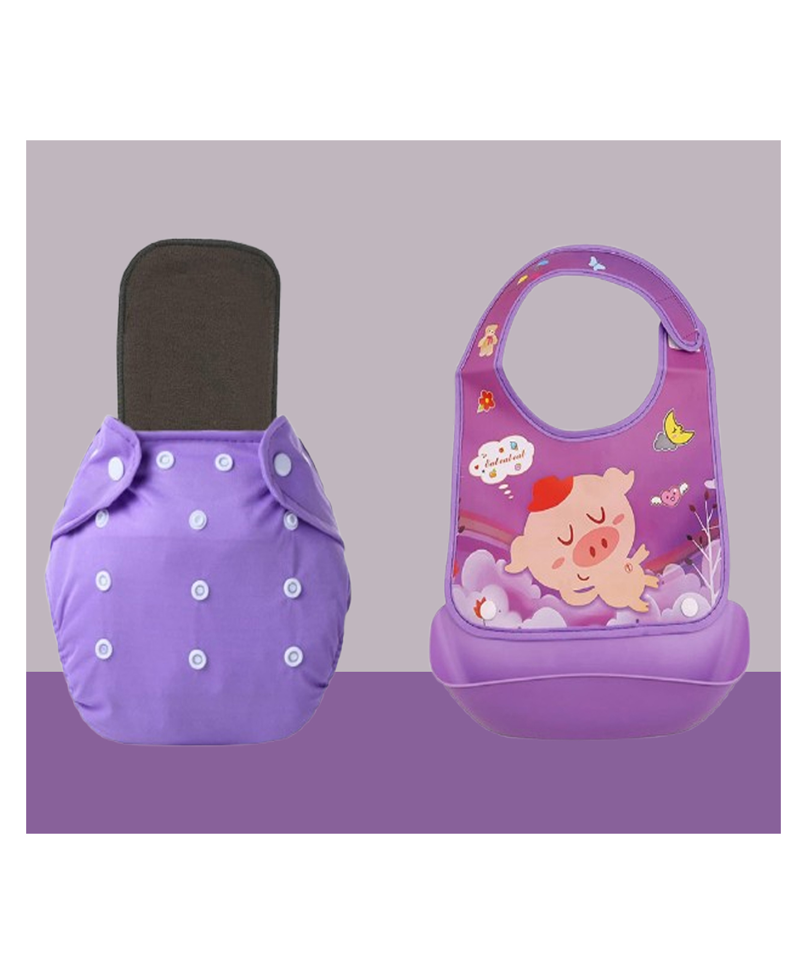 The Cheeky Kidzz Baby 1 Reusable Pocket Style Cotton Cloth Diaper With 1 Microfiber Insert Pad And 1 Silicone Bib (0-24 Months) (Purple & Black)-image-45