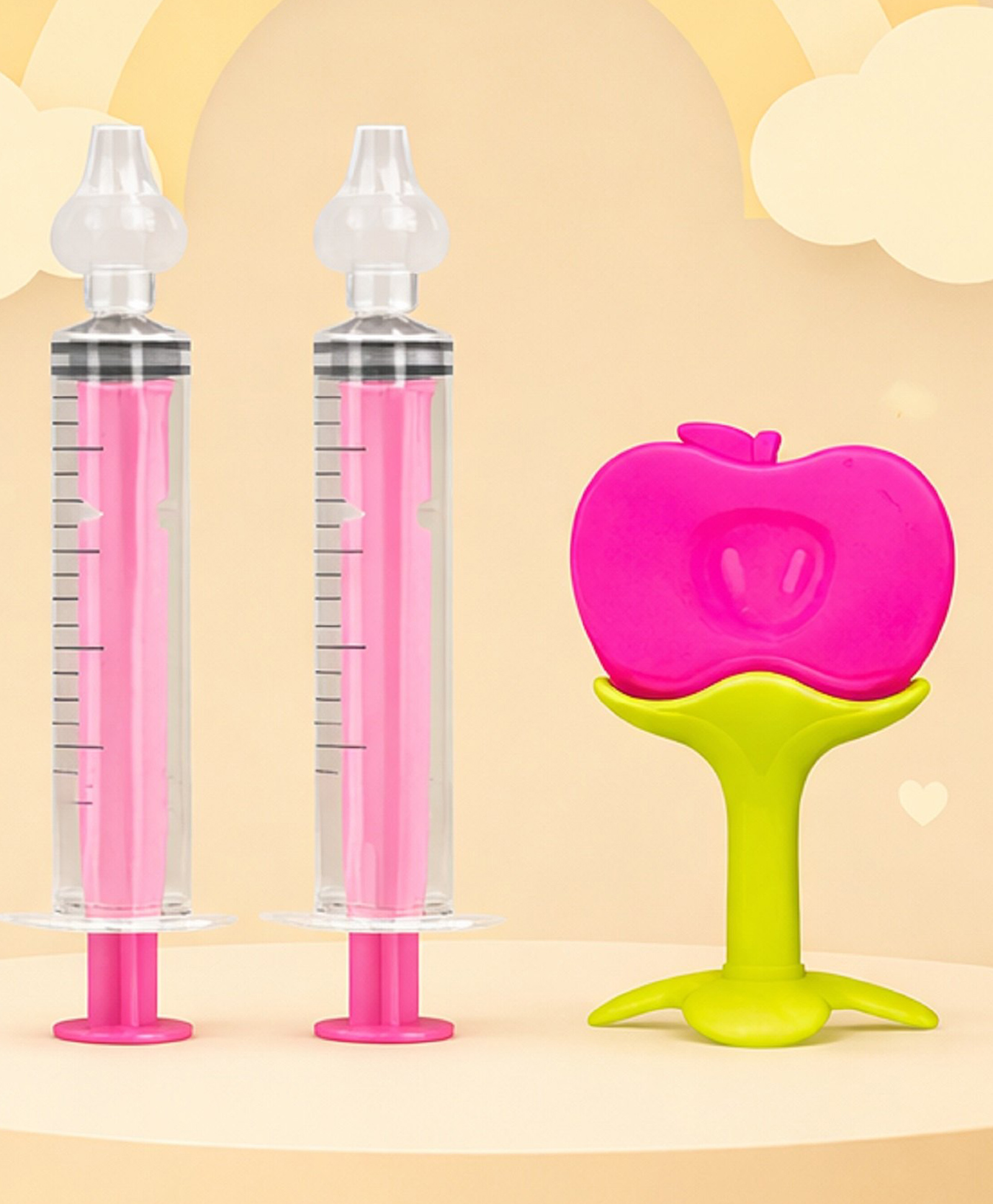 The Cheeky Kidzz Baby Pressure Nasal Syringe Nose Suction Nose Suction With Soft Silicone Fruit Shape Standing Teether For Babies BPA Free (Pink)-picture-16