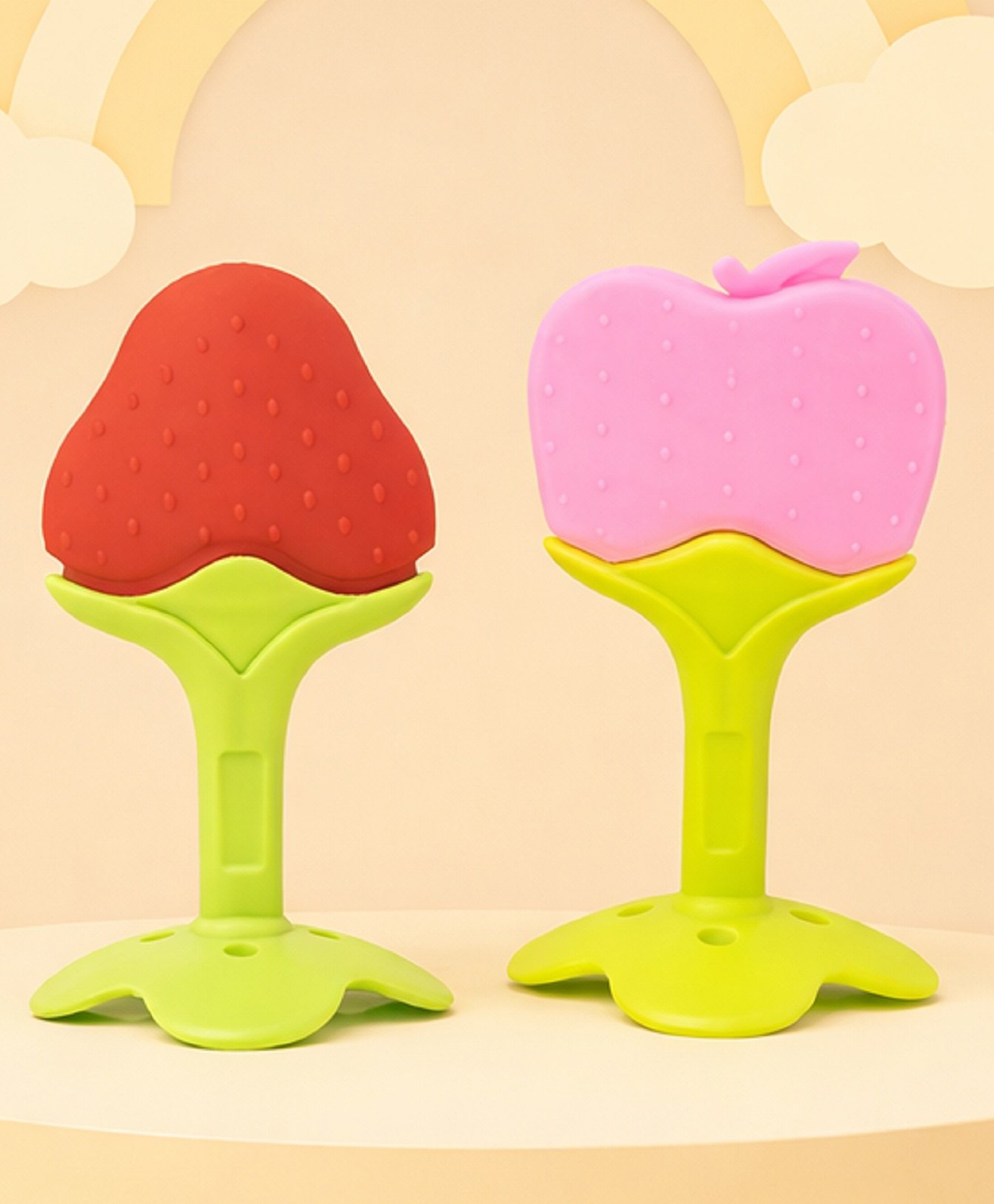 The Cheeky Kidzz Pack of 2 Baby Soft Silicone Fruit Shape Standing Teethers| Safe Gum Relief Toy BPA Free Non Toxic For Babies Oral Dental Care (Apple & Strawberry)-image-30