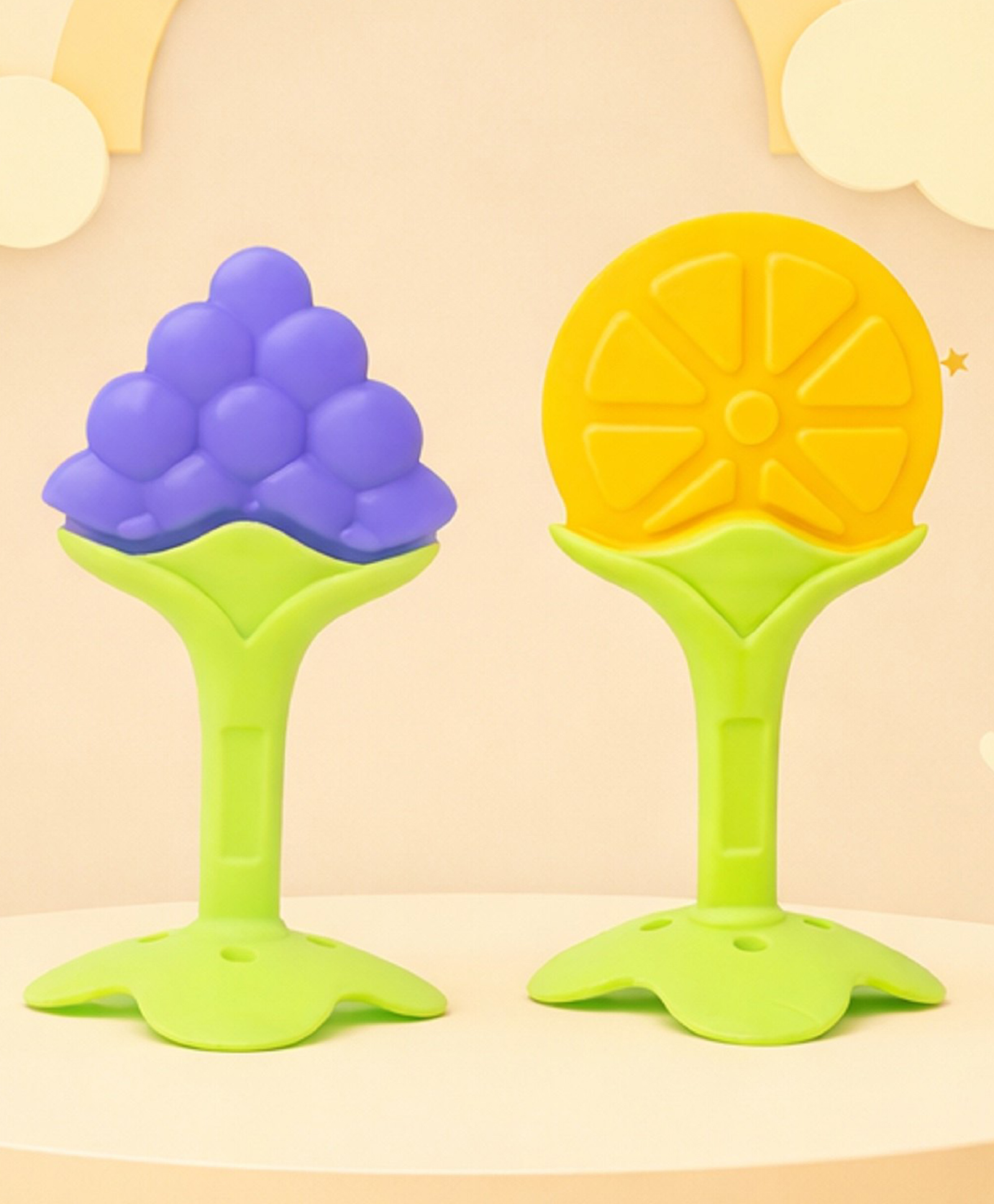 The Cheeky Kidzz Pack of 2 Baby Soft Silicone Fruit Shape Standing Teethers| Safe Gum Relief Toy BPA Free Non Toxic For Babies Oral Dental Care (Grapes & Orange)-image-34