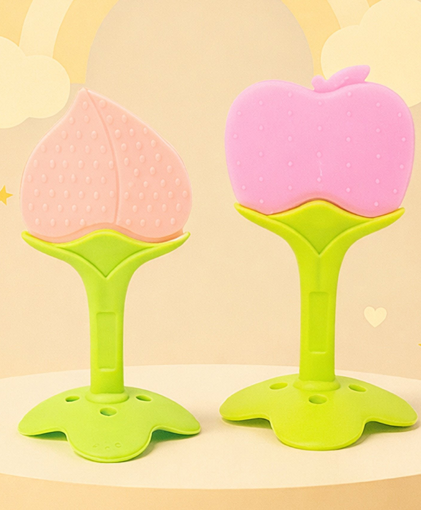 The Cheeky Kidzz Pack of 2 Baby Soft Silicone Fruit Shape Standing Teethers| Safe Gum Relief Toy BPA Free Non Toxic For Babies Oral Dental Care (Apple & Peach)-image-23