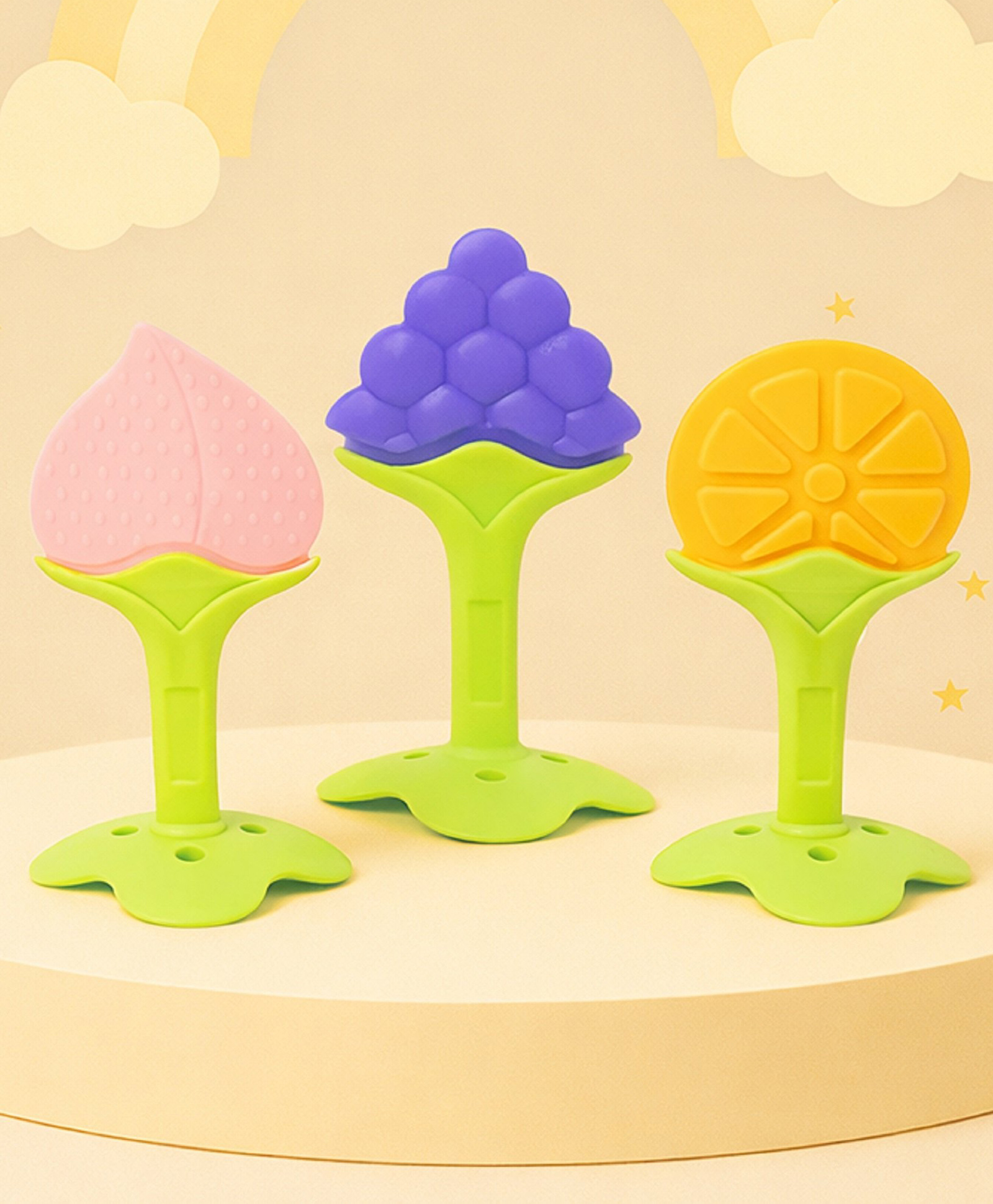The Cheeky Kidzz Baby Soft Silicone 3 Fruit Shape Standing Teethers| Safe Gum Relief Toy BPA Free Non Toxic For Babies (Multicolors)-picture-26