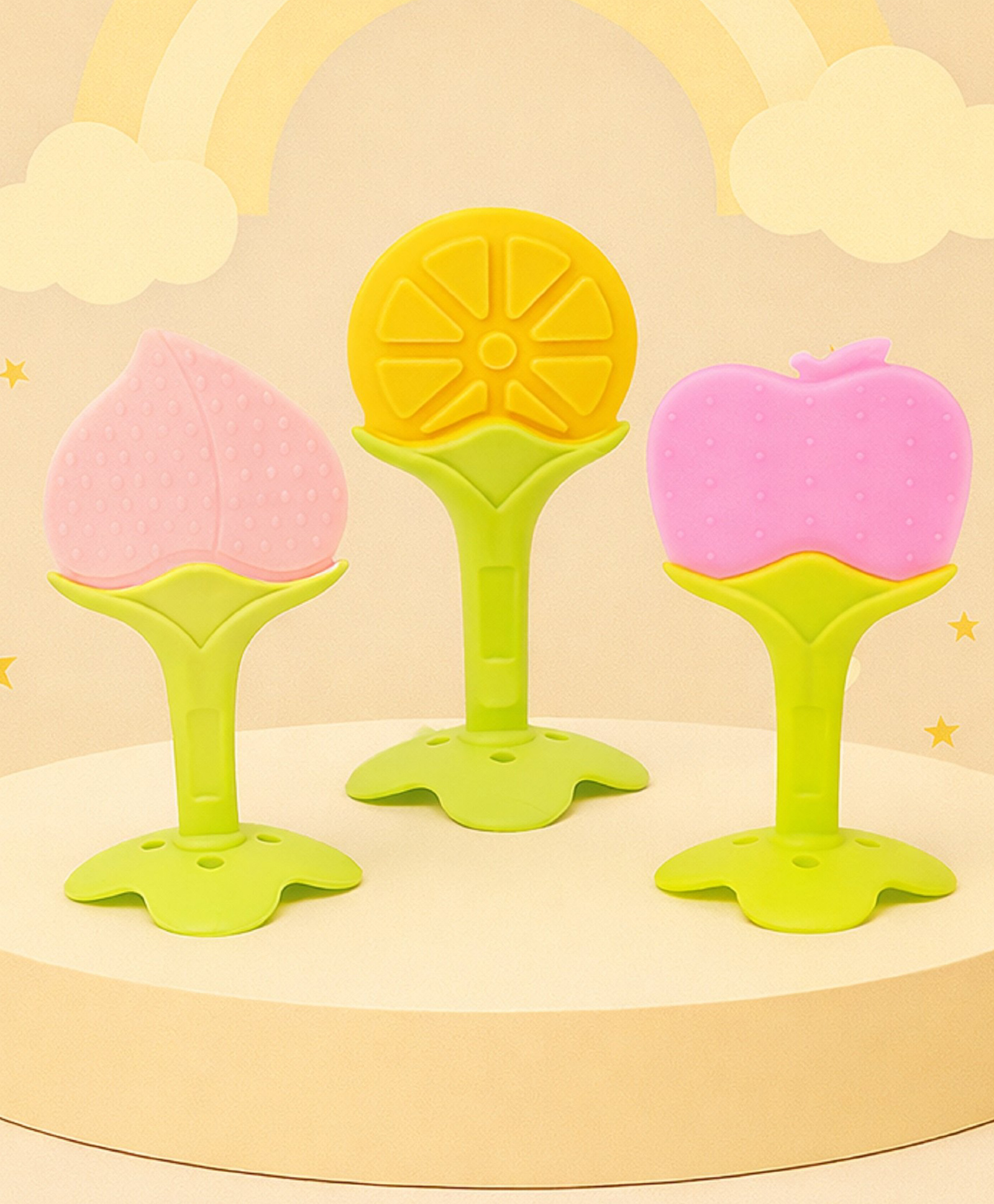 The Cheeky Kidzz Baby Soft Silicone 3 Fruit Shape Standing Teethers| Safe Gum Relief Toy BPA Free Non Toxic For Babies (Peach,Apple And Orange)-image-9