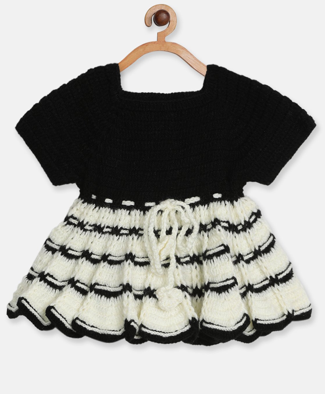 MayRa Knits Hand Knitted Half Sleeves Striped Dress - Black-image-2